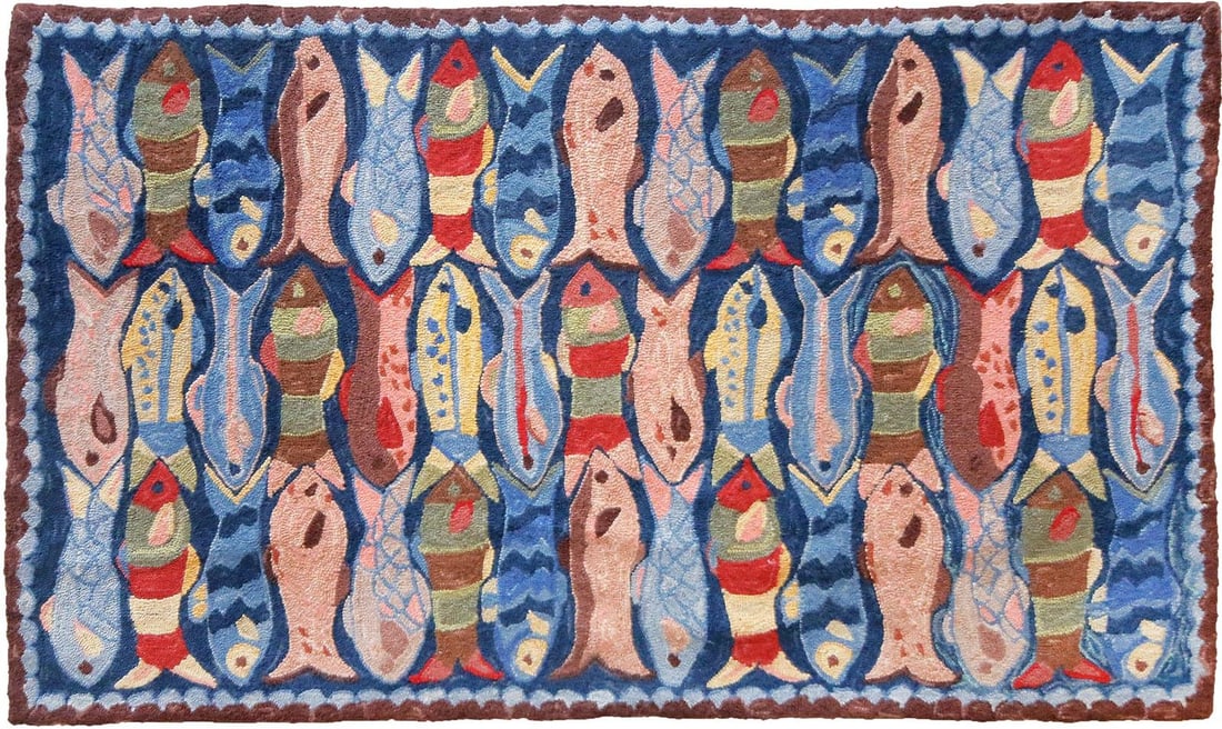 Coastal Style Round Wool Rug with Swimming Fish Design 5' (1 of 1)