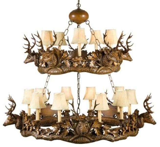 Rustic Luxe Stag Head Bowl Chandelier by OK Casting 2-Tier Lodge Style: Rustic Luxe Stag Head Bowl Chandelier by OK Casting 2-Tier Lodge Style This item is made at time of order. Please allow 42 to 70 days for production. Introducing the Rustic Luxe Stag Head Chandelier, 