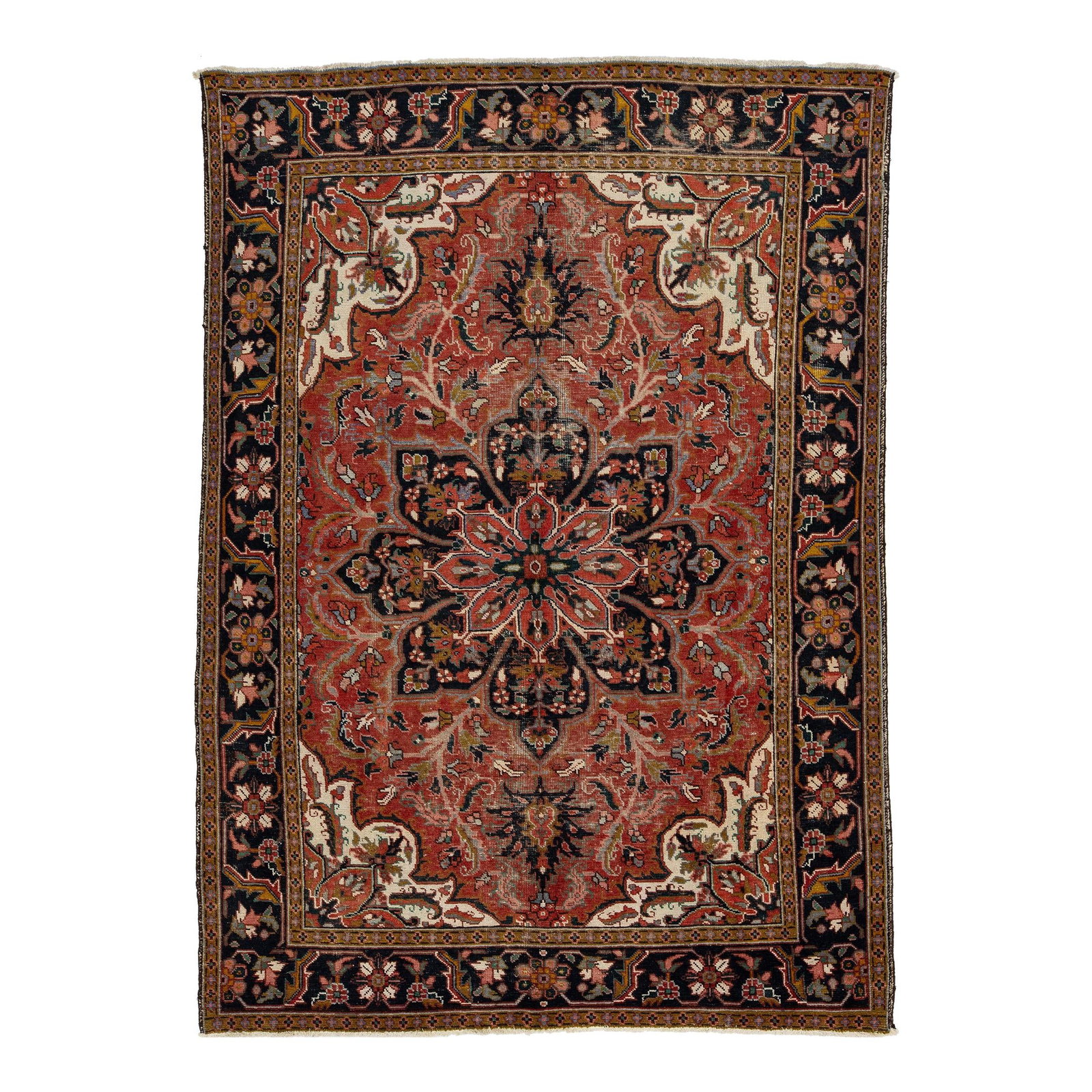 Vintage Persian Heriz Hand-Knotted Wool Rug Red Floral Medallion 7'10 x 11'2: Vintage Persian Heriz Hand-Knotted Wool Rug Red Floral Medallion 7'10 x 11'2 This exquisite vintage Persian Heriz rug features a rich red field complemented by a dark blue frame and vibrant multicolor