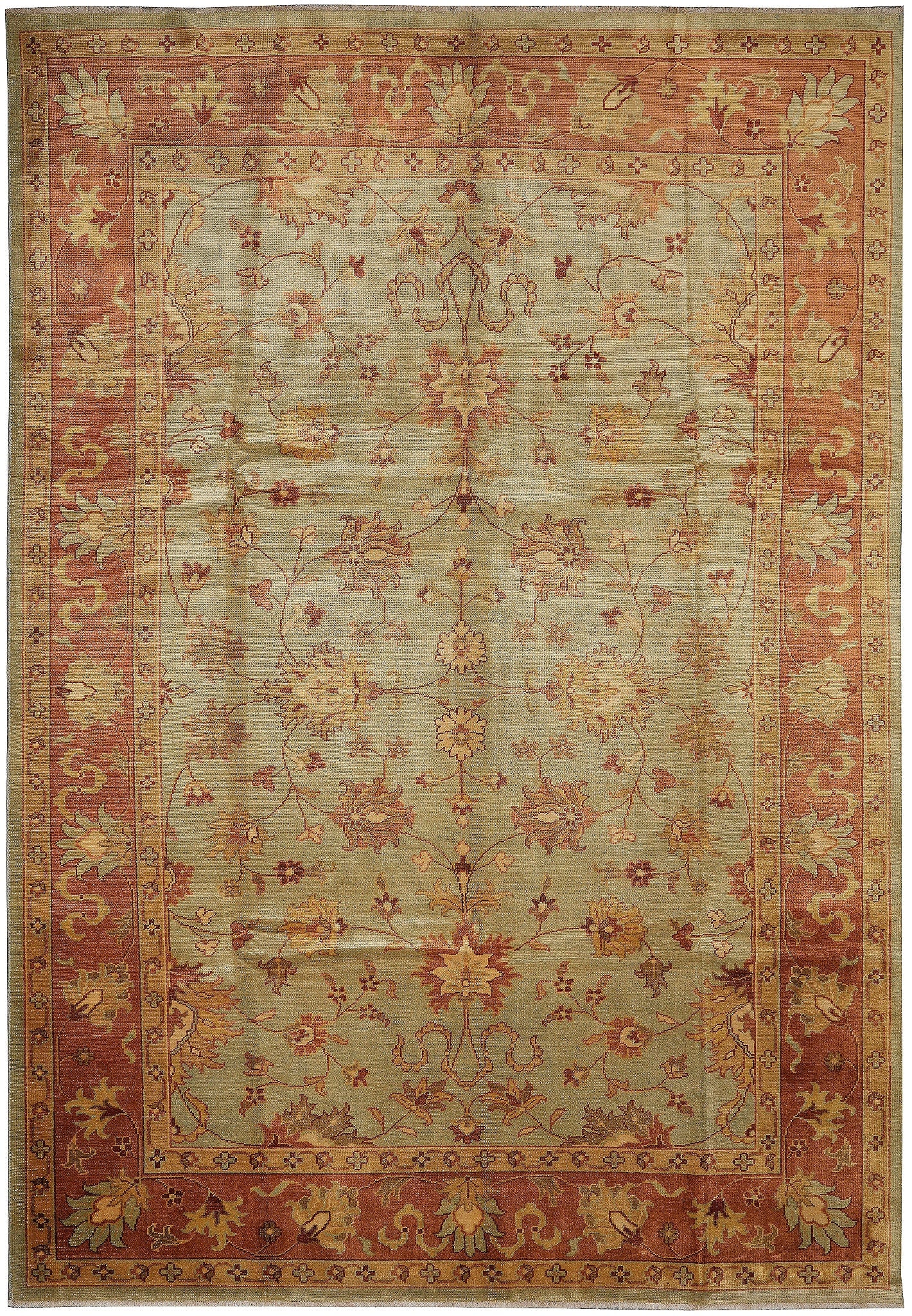 Handmade Green Oushak Rug 9 x 12.4 ft Turkish Wool Floral Design: Handmade Green Oushak Rug 9 x 12.4 ft Turkish Wool Floral Design Free continental US Shipping This 9 x 12.4 foot handmade Oushak rug showcases traditional Turkish craftsmanship with a serene muted gre