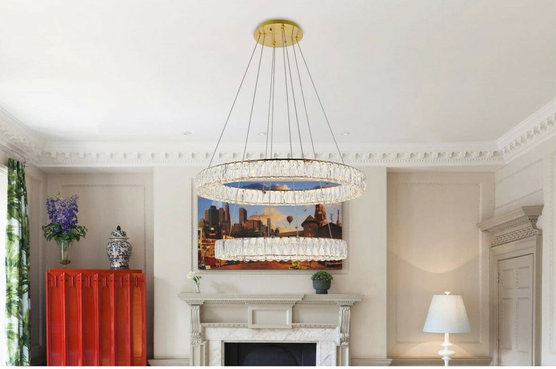Monroe Gold Crystal LED Chandelier 31.5 inch Adjustable Height: Monroe Gold Crystal LED Chandelier 31.5 inch Adjustable Height This modern crystal chandelier features a round, gold-finished stainless steel frame adorned with royal-cut clear crystals, creating a da