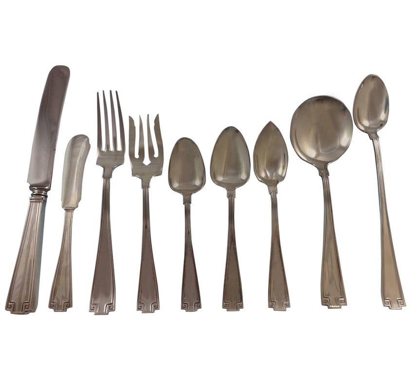 Gorham Etruscan Sterling Silver Flatware Service for 8 81 Pieces: Gorham Etruscan Sterling Silver Flatware Service for 8 81 Pieces This vintage Gorham sterling silver flatware set features the Etruscan pattern, known for its Art Deco style and Greek key design. The 