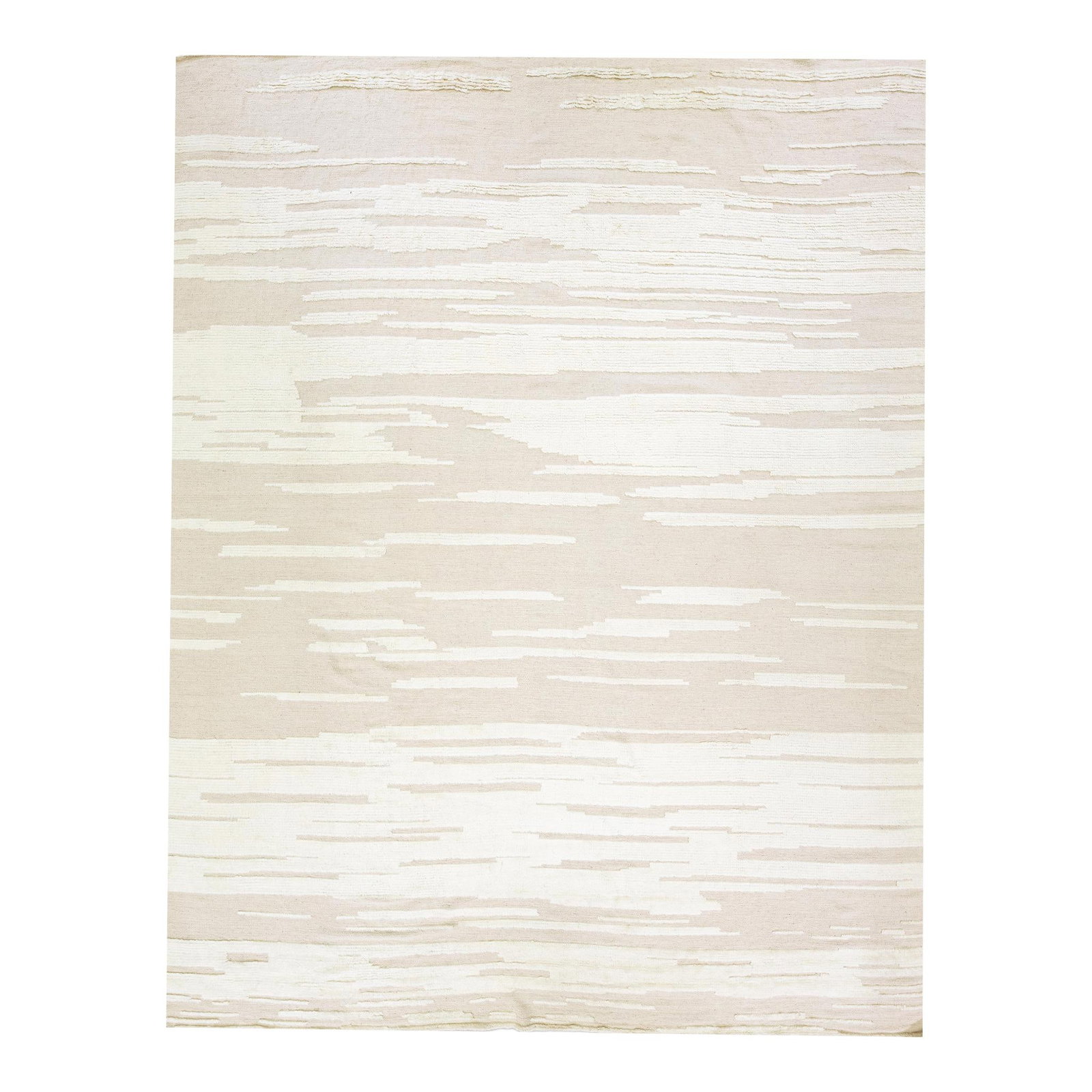 Beige Abstract Wool Rug 11'10 x 14'7 Moroccan Style: Beige Abstract Wool Rug 11'10 x 14'7 Moroccan Style Enhance your living space with this exquisite modern Moroccan style hand-knotted wool rug. Featuring a chic beige color field with striking white ac