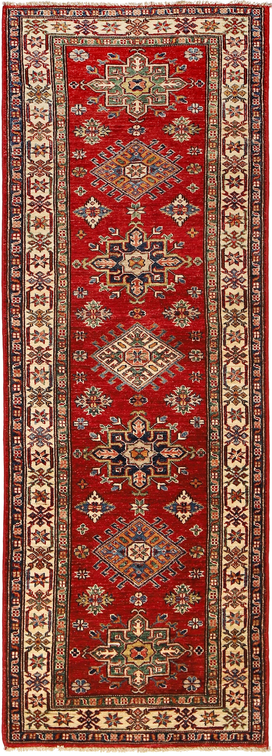 2.9 x 8.1 Hand-knotted Super Kazak Wool Runner Rug Red: 2.9 x 8.1 Hand-knotted Super Kazak Wool Runner Rug Red Free continental US Shipping Introduce timeless elegance into your home with this 2.9 x 8.1 Super Kazak Hand-knotted Wool Runner Rug, a testament