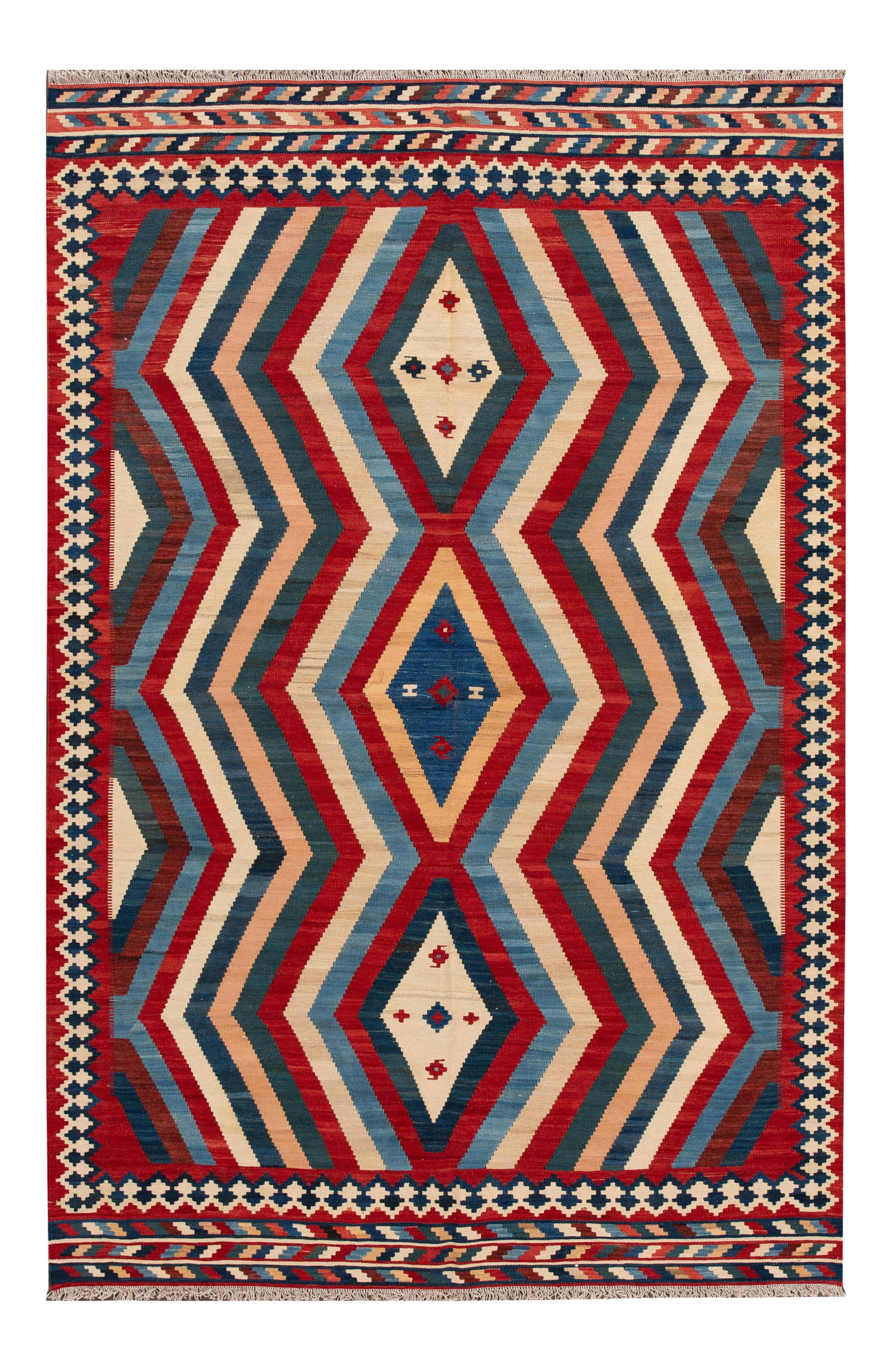Hand-Woven Modern Kilim Rug 6'1 x 9'2 Tan Wool Geometric Design: Hand-Woven Modern Kilim Rug 6'1 x 9'2 Tan Wool Geometric Design Enhance your living space with this exquisite hand-woven modern Kilim rug. Featuring a warm tan field complemented by vibrant multi-colo