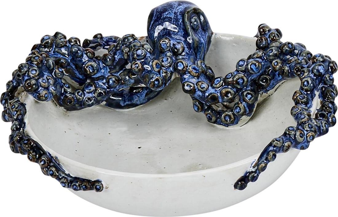 Handmade Blue White Octopus Bowl 4H 11W 11D: Handmade Blue White Octopus Bowl 4H 11W 11D This exquisite handmade bowl showcases a striking blue and white design, perfect for adding a touch of artistry to your decor. Crafted with care, it feature