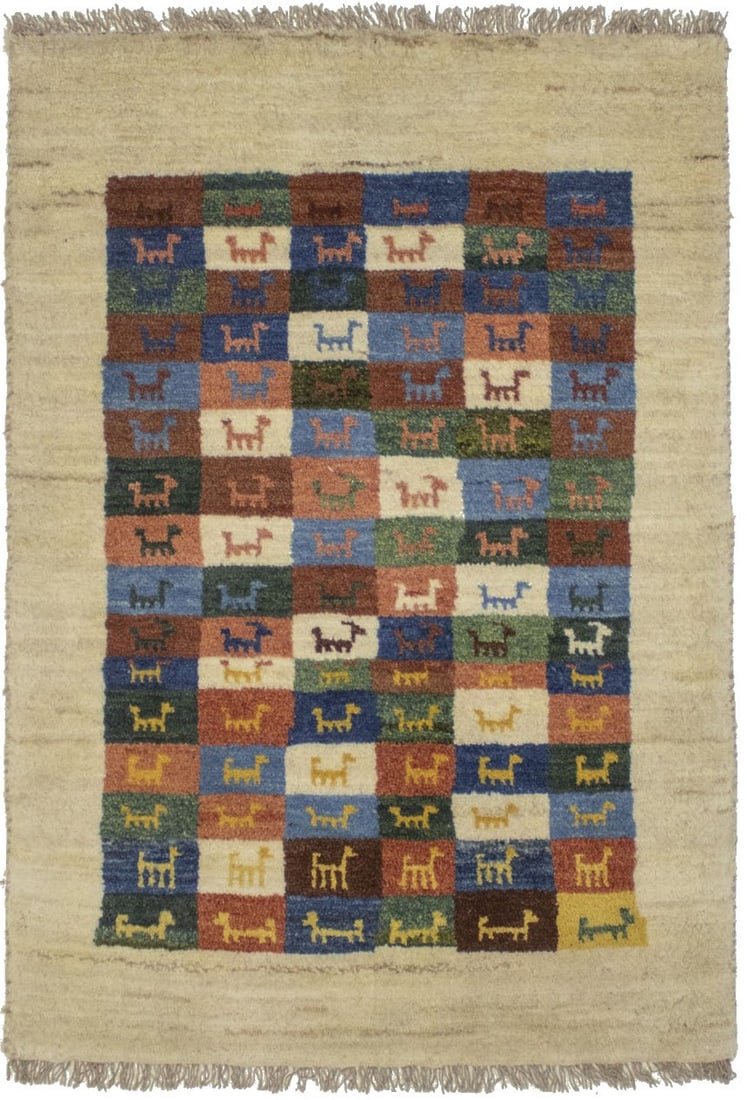 Hand-Knotted Gabbeh Rug 3'8 x 2'6 Modern Tribal Design Wool: Hand-Knotted Gabbeh Rug 3'8 x 2'6 Modern Tribal Design Wool Enhance your living space with this stunning Gabbeh Oriental Rug. Measuring 3'8" by 2'6", this hand-knotted rug showcases a beautiful blend 