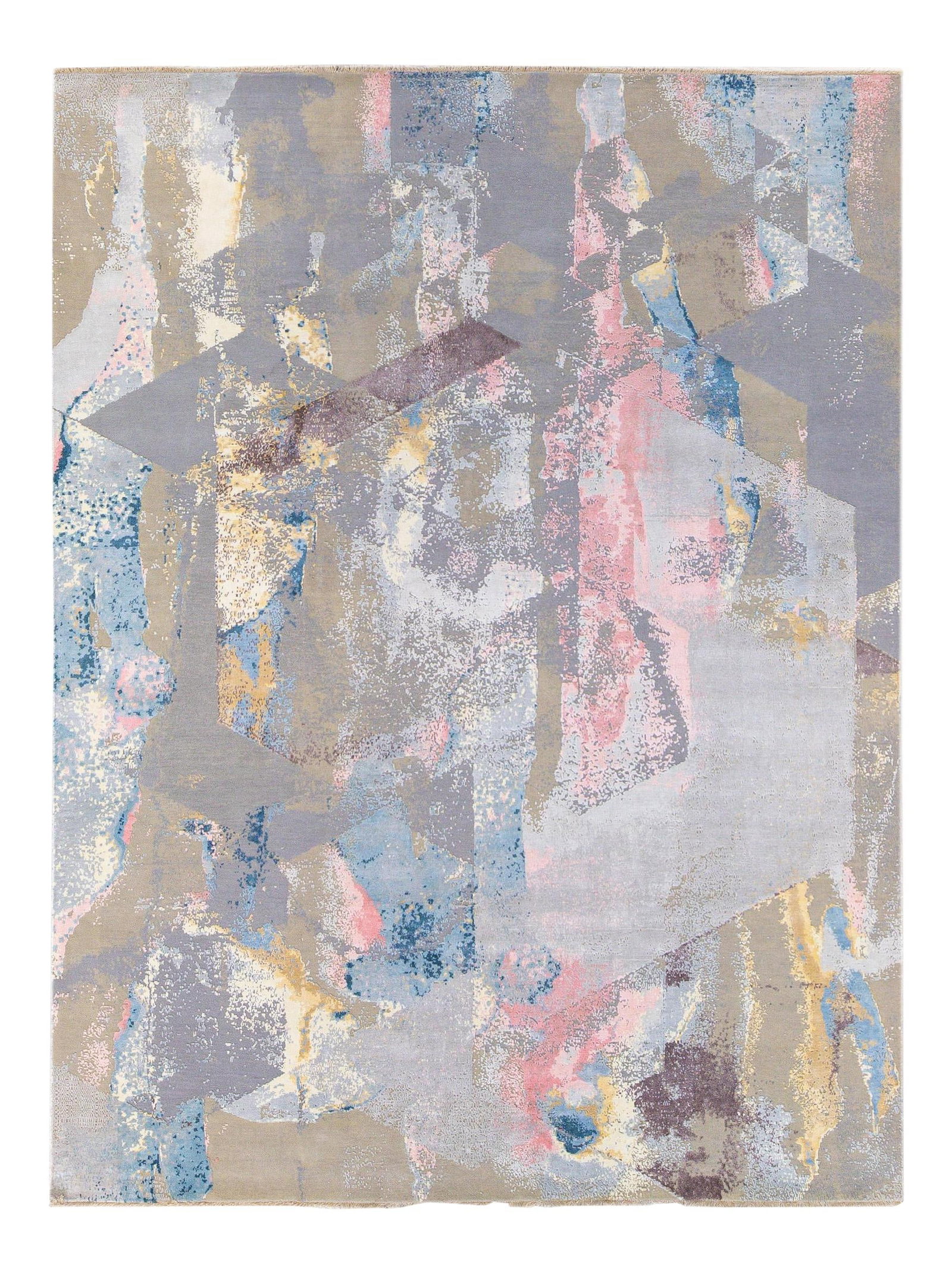 Modern Indian Abstract Hand-Knotted Wool Silk Rug 9'1 x 12'1: Modern Indian Abstract Hand-Knotted Wool Silk Rug 9'1 x 12'1 Enhance your living space with this exquisite modern Indian hand-knotted rug, crafted from a blend of wool and silk. The rug features a str