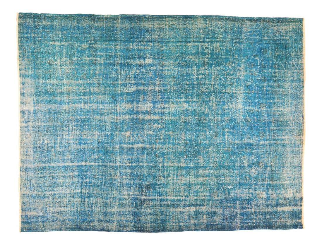 Turkish Anatolian Hand Knotted Overdyed Wool Rug Turquoise 8'9" x 11'6": Turkish Anatolian Hand Knotted Overdyed Wool Rug Turquoise 8'9" x 11'6" This vintage Turkish Anatolian rug features an overdyed design with vibrant natural colors and a fine weave. Expertly hand-knott