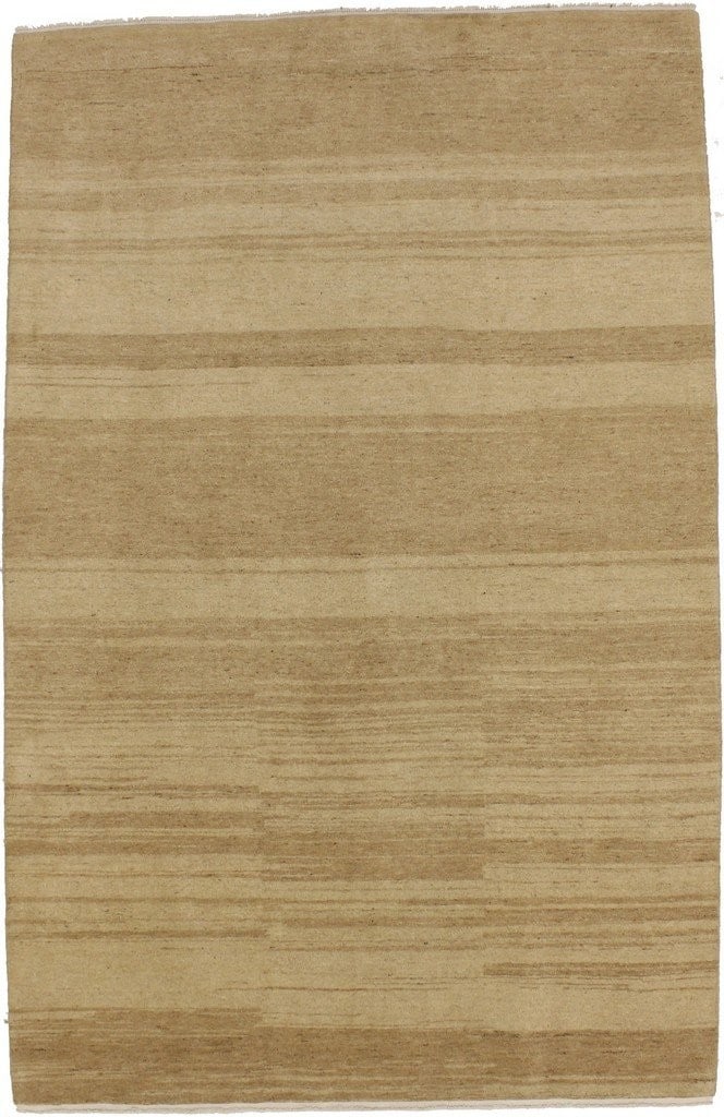 Hand-Knotted Wool Modern Gabbeh Rug 5'6" x 8'7" Striped Design: Hand-Knotted Wool Modern Gabbeh Rug 5'6" x 8'7" Striped Design This hand-knotted Gabbeh rug features an abstract contemporary striped design in beige and tan tones. Crafted from wool using traditional