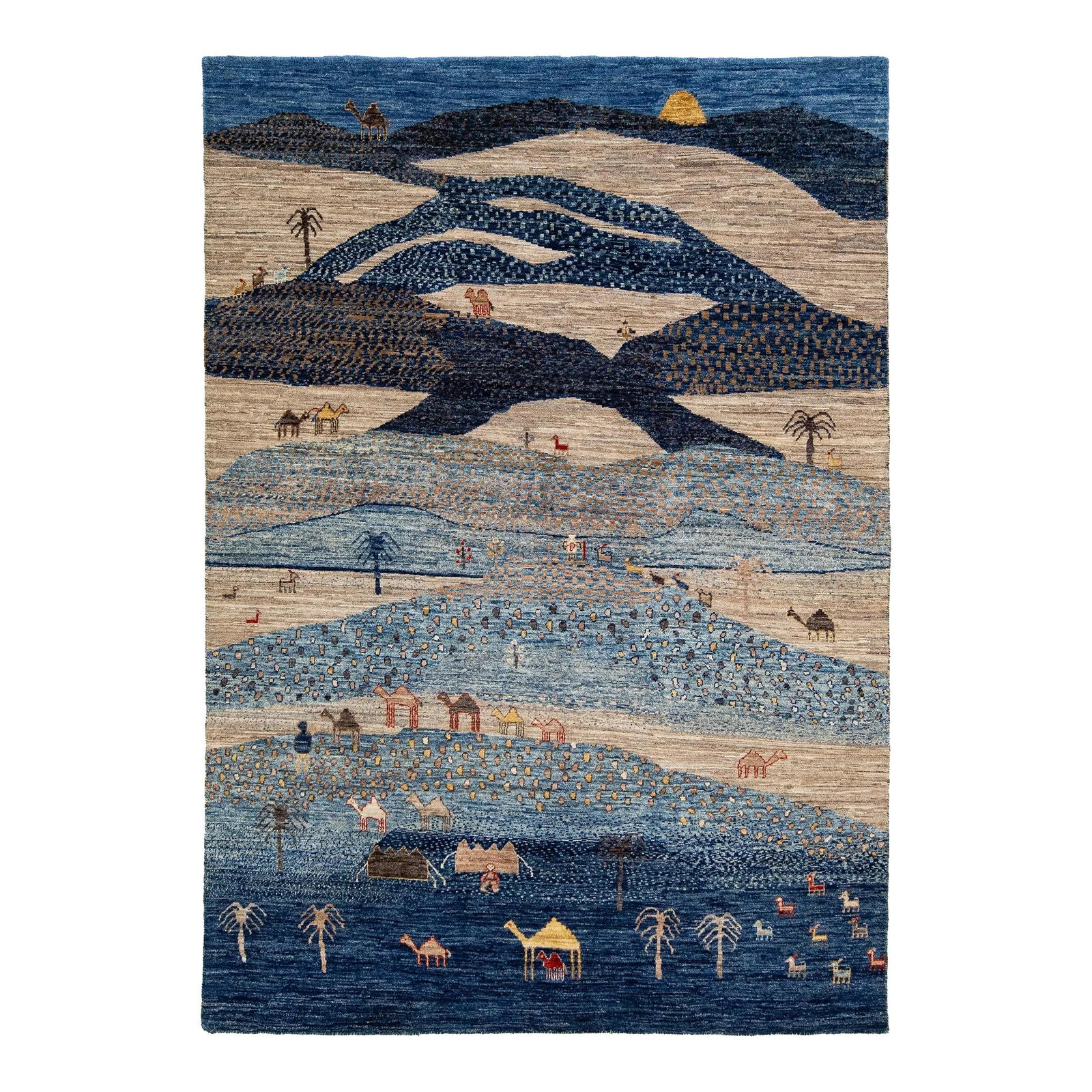 Handmade Gabbeh Style Wool Rug Blue Pictorial Design 4'10 x 6'11: Handmade Gabbeh Style Wool Rug Blue Pictorial Design 4'10 x 6'11 Elevate your space with this exquisite Handmade Modern Gabbeh Style Wool Rug, featuring a stunning pictorial motif set against a rich b