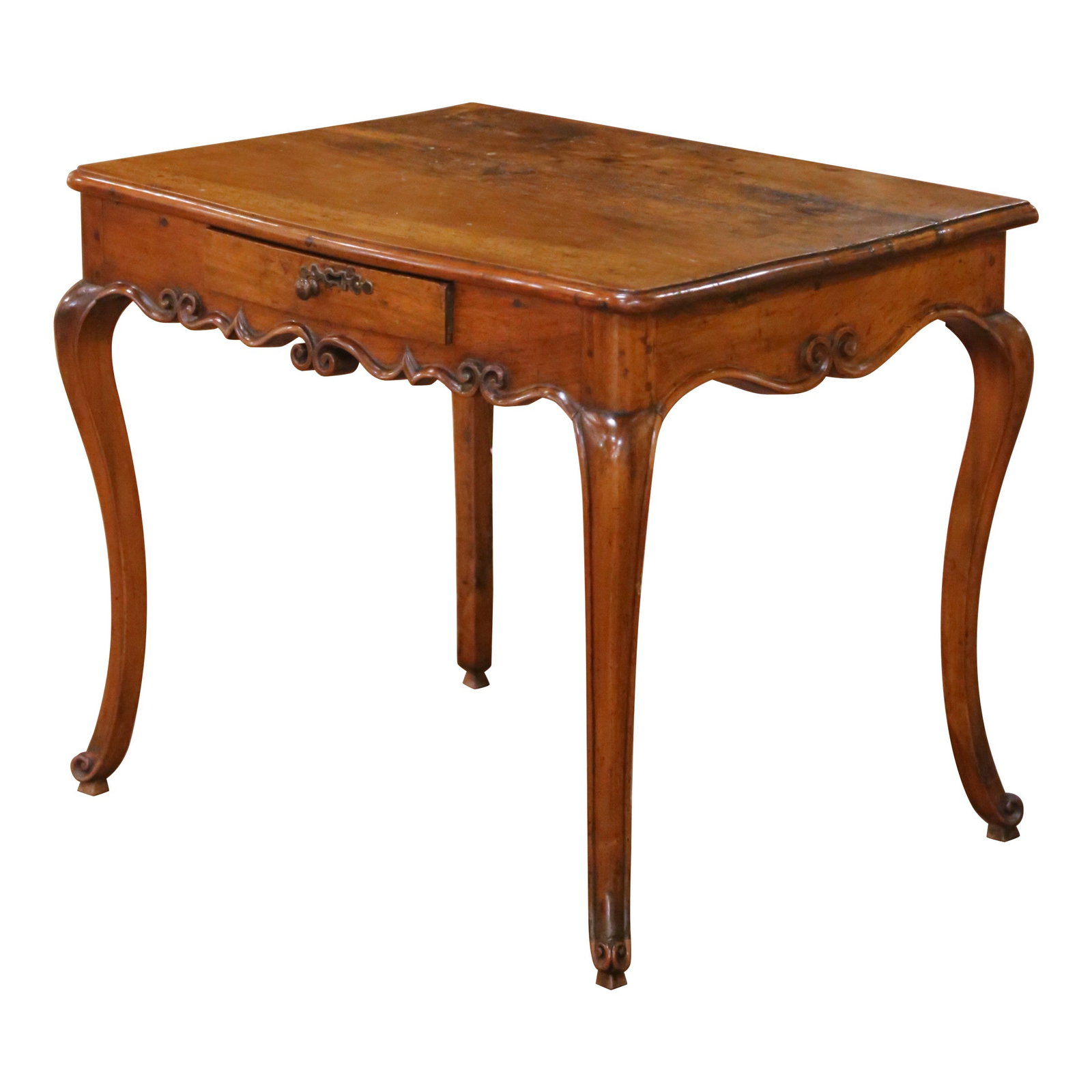 French Louis XV Walnut Bow-Front Side Table with Single Drawer Circa 1760: French Louis XV Walnut Bow-Front Side Table with Single Drawer Circa 1760 This mid-18th-century French Louis XV bow-front side table or small desk was crafted around 1760 from solid walnut. It feature