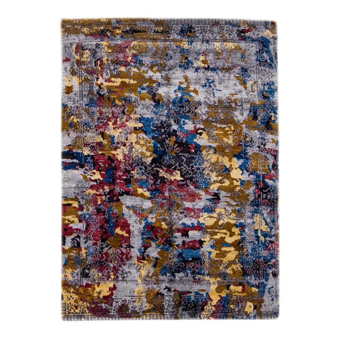 Handmade Multicolor Wool Silk Rug Modern Abstract Design 5' x 6'11": Handmade Multicolor Wool Silk Rug Modern Abstract Design 5' x 6'11" Enhance your space with this stunning modern Indian hand-knotted rug, crafted from a luxurious blend of wool and silk. Featuring a v