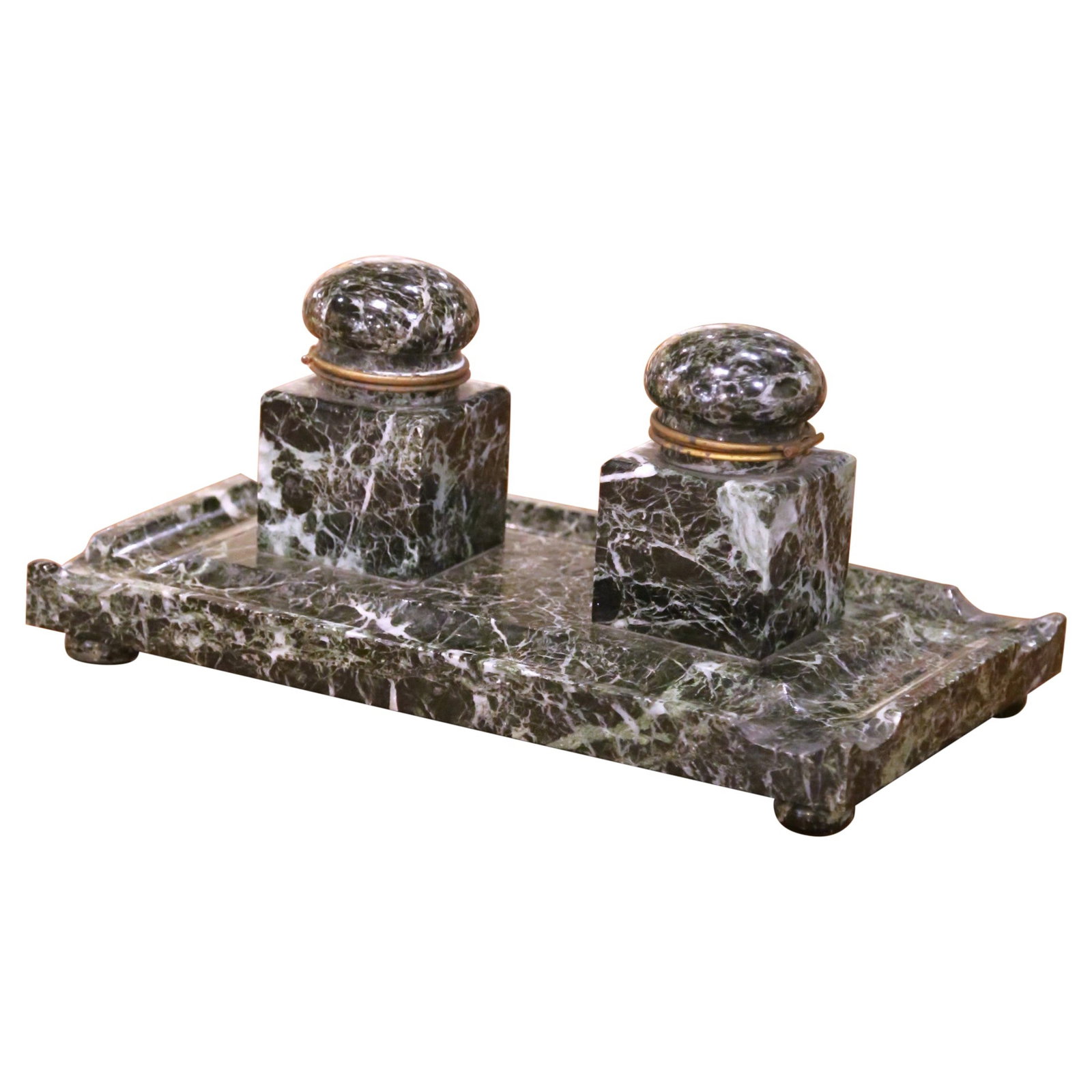 French Napoleon III marble double inkwell bronze mounted lids (1 of 9)