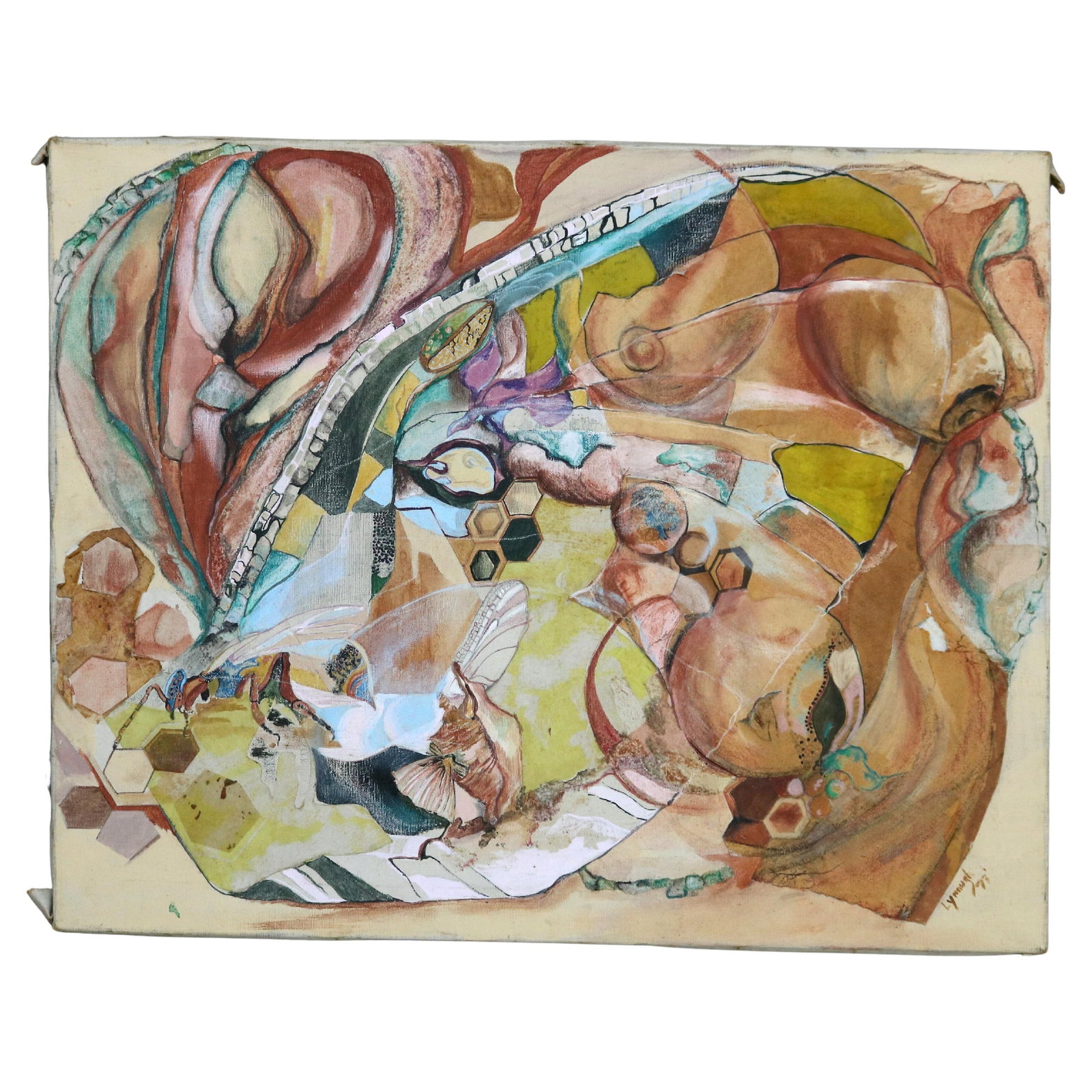 Lynough Signed Mid-Century Modern Abstract Multimedia Canvas Painting 1973 (1 of 13)