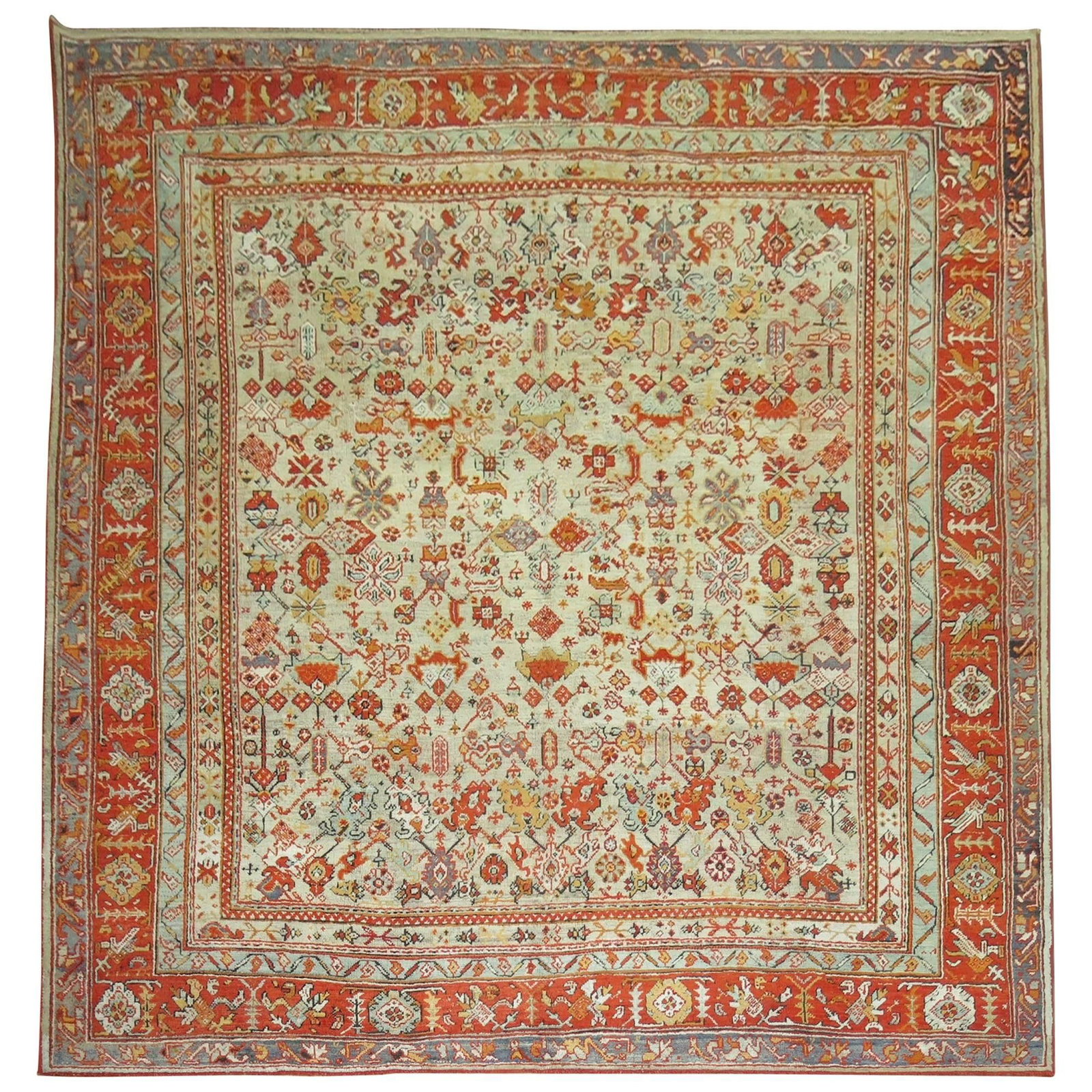 Antique Turkish Oushak Rug Hand-Woven Wool 11' x 11'8'' Early 20th Century: Antique Turkish Oushak Rug Hand-Woven Wool 11' x 11'8'' Early 20th Century Discover the beauty of this phenomenal antique Turkish Oushak rug, a remarkable piece from the early 20th century. This hand-