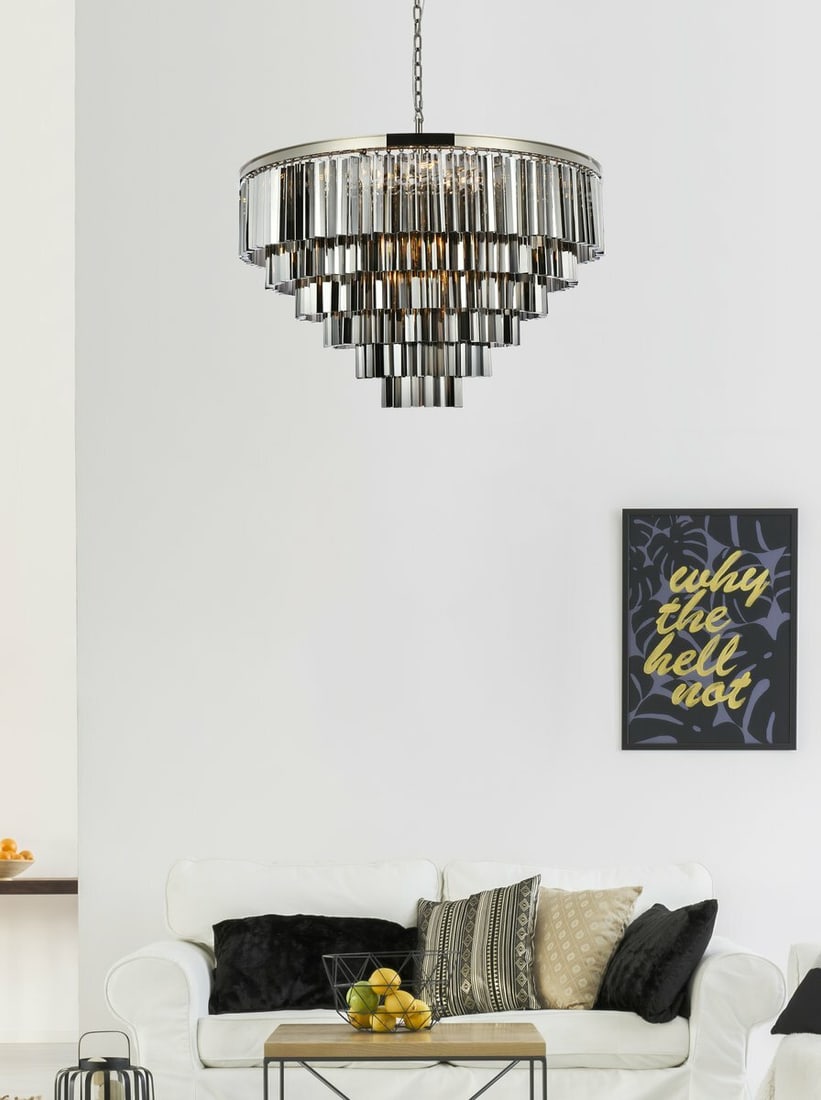 Sydney 33-Light Crystal Chandelier Polished Nickel 44 Inch: Sydney 33-Light Crystal Chandelier Polished Nickel 44 Inch This large, modern chandelier features 33 lights and showcases high-quality Royal Cut silver shade crystals set on a polished nickel frame. D