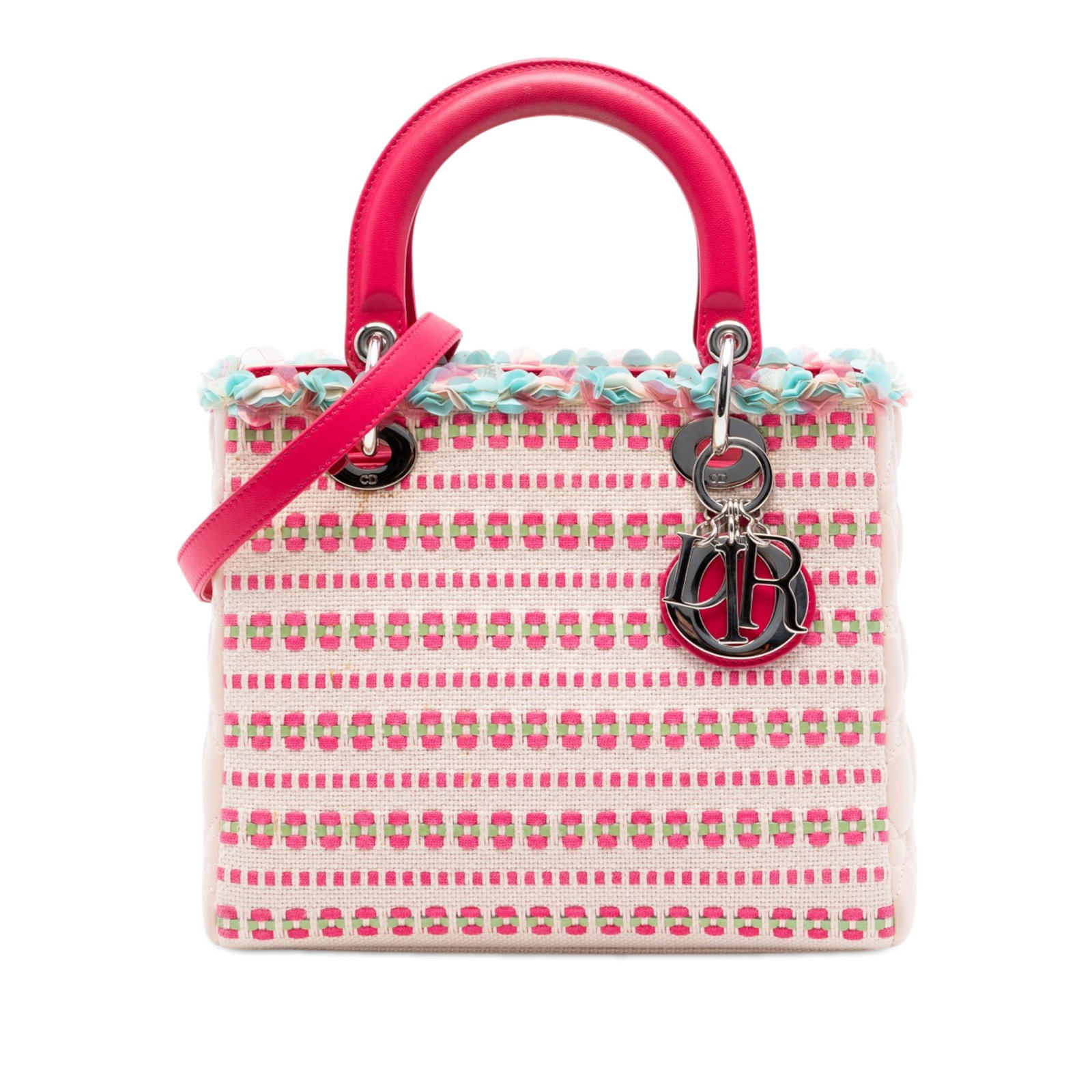 Dior Medium Tweed Sequin Lady Dior Pink Fabric Bag: Dior Medium Tweed Sequin Lady Dior Pink Fabric Bag This Medium Tweed Sequin Lady Dior bag features a pink tweed fabric body embellished with sequins, flat leather handles, and a detachable flat leathe