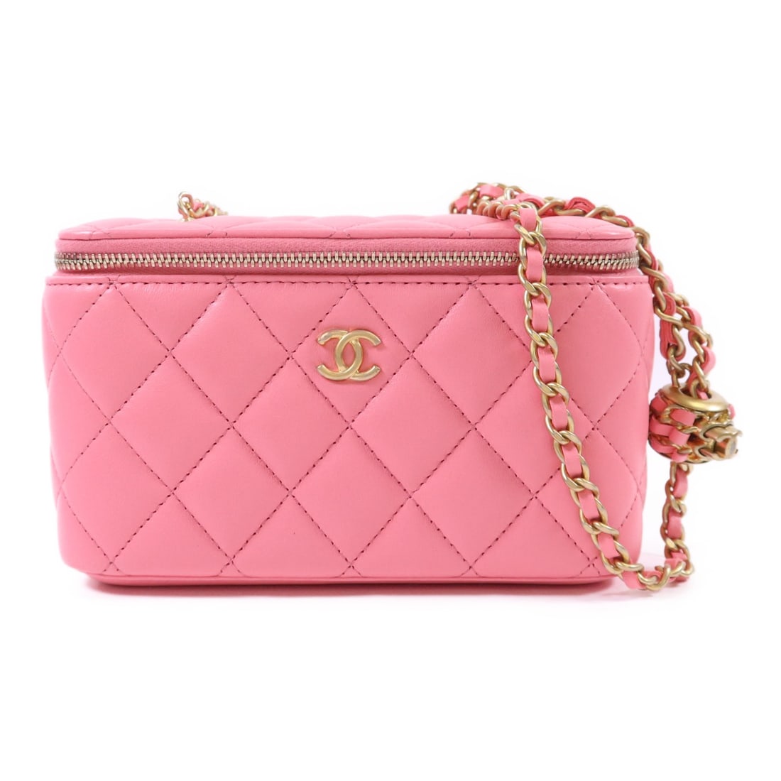 Chanel Pink Calfskin Vanity Shoulder Bag with Chain and CC Logo: Chanel Pink Calfskin Vanity Shoulder Bag with Chain and CC Logo This CHANEL shoulder bag features a CC vanity case design crafted from pink calfskin leather. It is accented with a chain shoulder strap