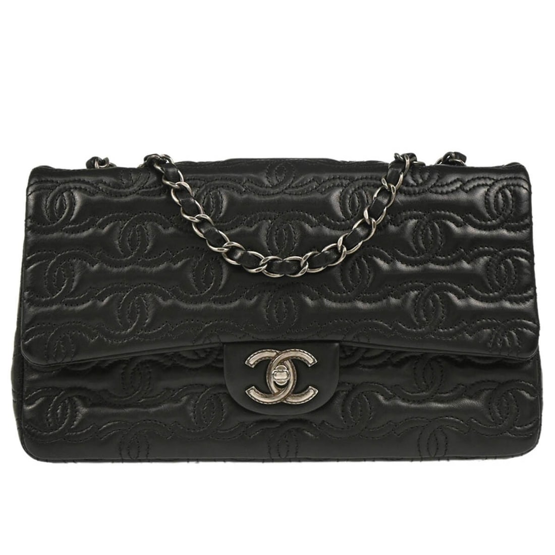 CHANEL Medium Black Lambskin Shoulder Bag with CC Stitch: CHANEL Medium Black Lambskin Shoulder Bag with CC Stitch Medium Chanel shoulder bag in black lambskin leather with signature CC stitch detailing and a turn-lock closure. Made in France, this shoulder 