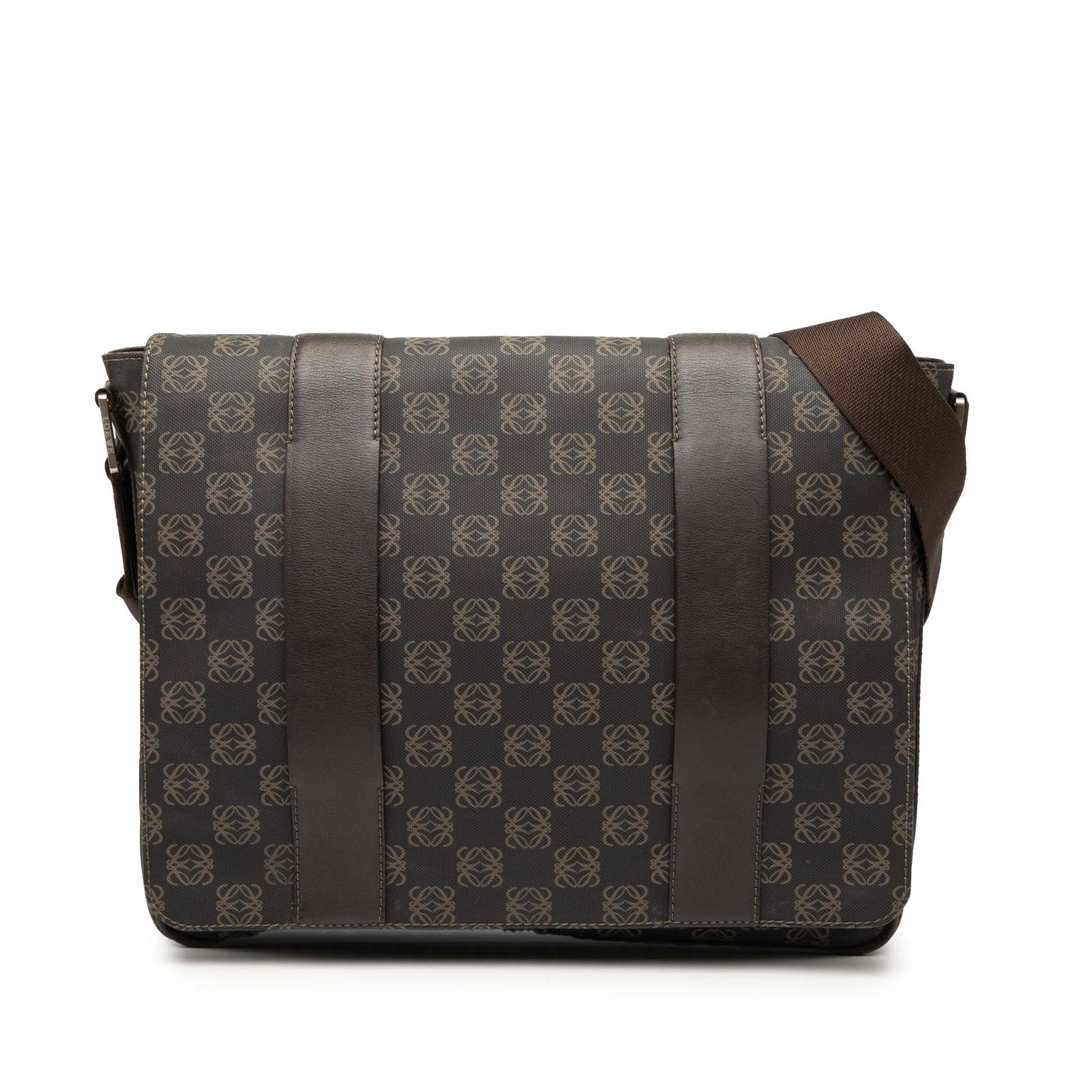 LOEWE Anagram Flap Crossbody Bag Coated Canvas Brown: LOEWE Anagram Flap Crossbody Bag Coated Canvas Brown The LOEWE Anagram Coated Canvas Flap Crossbody is a stylish and functional accessory crafted from coated canvas with leather trim. It features a pr