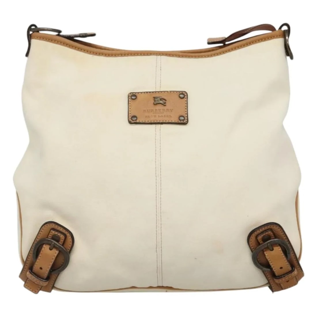 Burberry Blue Label White Canvas Shoulder Bag: Burberry Blue Label White Canvas Shoulder Bag This Burberry Blue Label shoulder bag is crafted from canvas in a white color, designed for women. The bag features signs of use, including loss of shape,