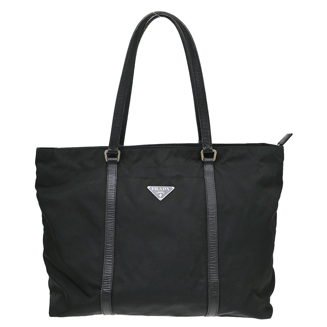 PRADA Nylon Medium Black Tote Handbag Made in Italy: PRADA Nylon Medium Black Tote Handbag Made in Italy Prada black nylon tote handbag with logo accent and a medium-size silhouette. Made in Italy, this women's bag features an interior zip pocket. Condi