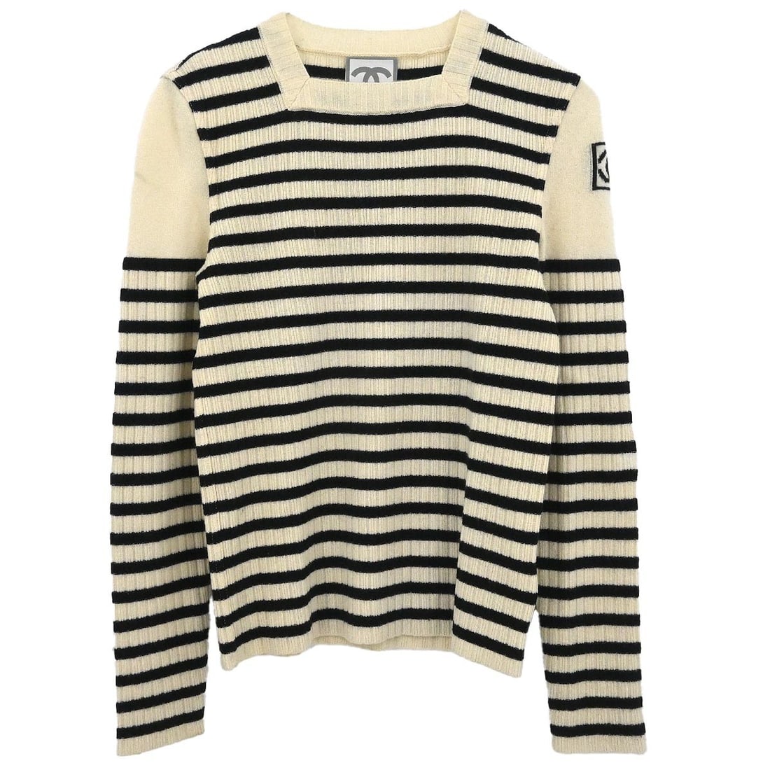 CHANEL Sport Line Off White Wool Cashmere Long Sleeve Top 38: CHANEL Sport Line Off White Wool Cashmere Long Sleeve Top 38 Vintage Chanel Sport Line long-sleeve top in off-white with black accents. Designed in a regular fit for women, this basic casual style is 