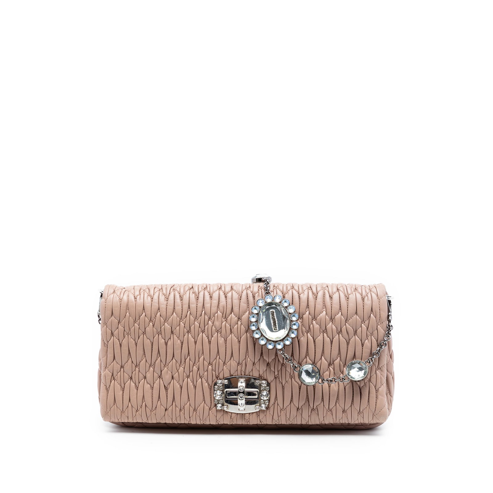 Brown Leather Satchel Miu Miu Matelasse Crystal Chain: Brown Leather Satchel Miu Miu Matelasse Crystal Chain Miu Miu Matelasse Nappa Crystal Chain Satchel crafted with a quilted nappa leather body and a crystal chain link handle. The design includes a fro