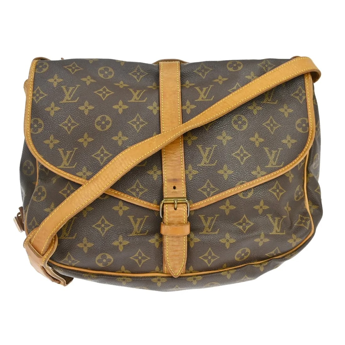 Louis Vuitton Saumur handbag in brown monogram canvas: Louis Vuitton Saumur handbag in brown monogram canvas This Louis Vuitton Saumur Handbag features the iconic monogram canvas in brown, designed for women. The bag shows visible signs of use, including 