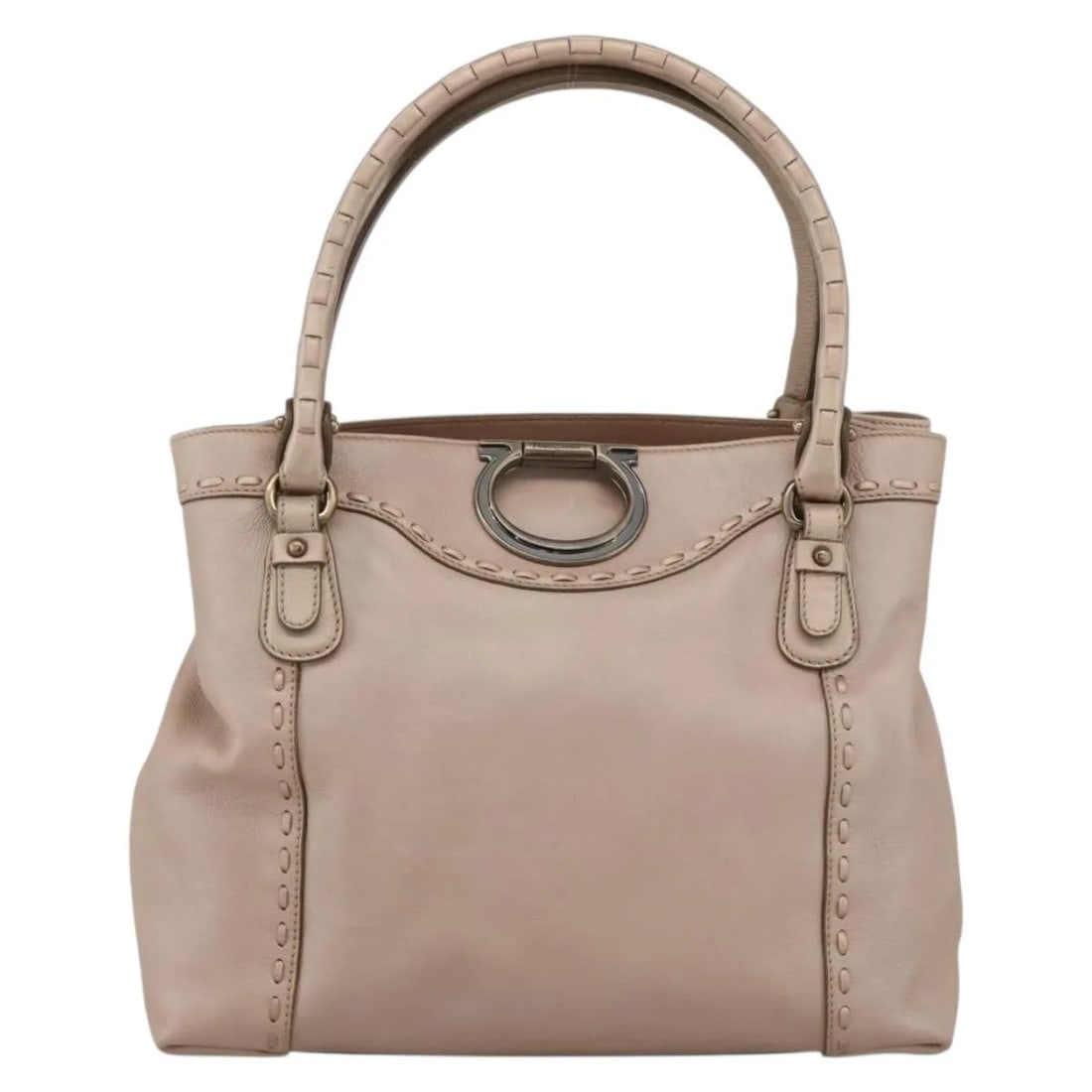 Beige Leather Handbag Salvatore Ferragamo Gancini: Beige Leather Handbag Salvatore Ferragamo Gancini This Salvatore Ferragamo Gancini handbag is crafted from beige leather and designed for women. The handbag features a classic silhouette with a struct