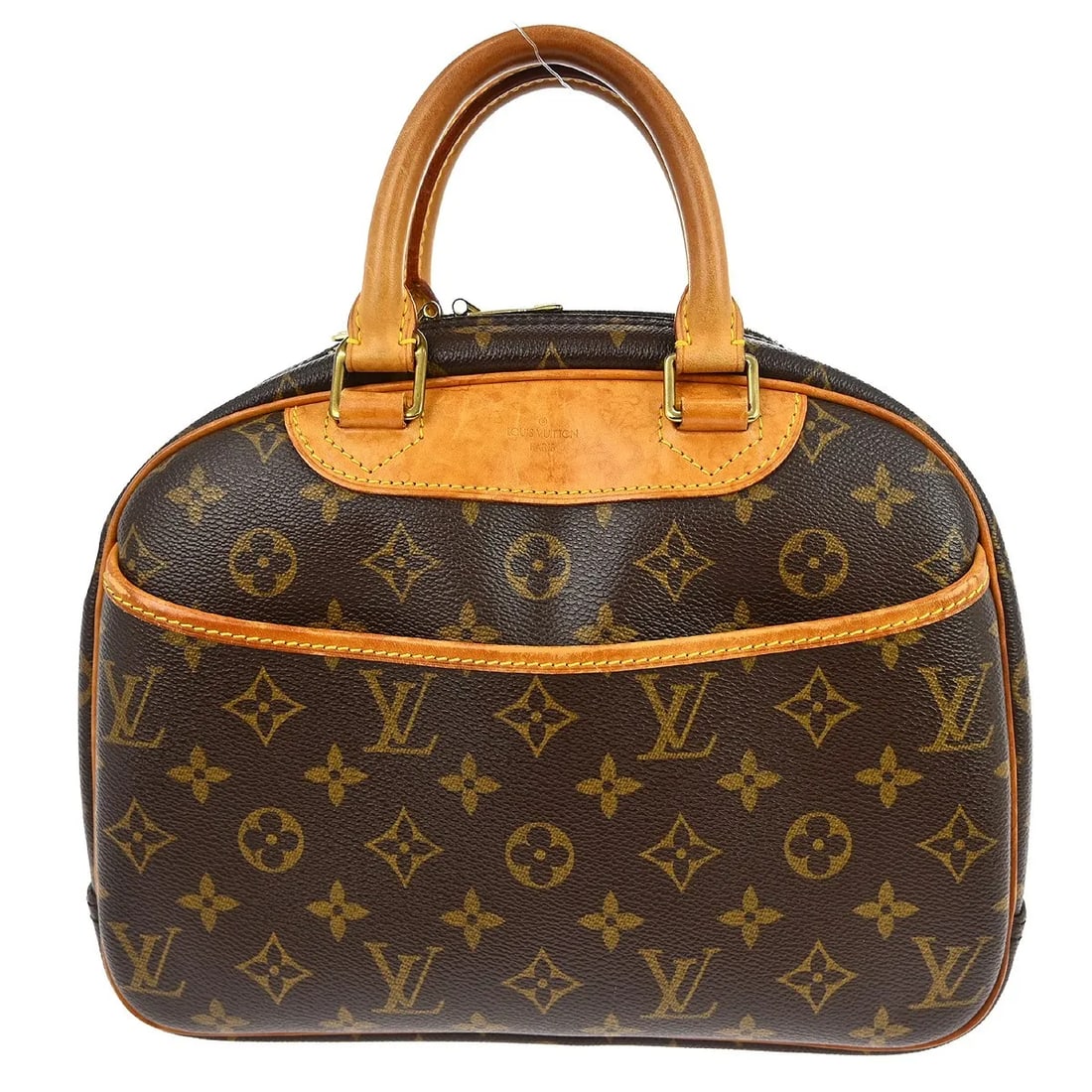 Louis Vuitton Trouville Handbag in Brown Monogram Canvas: Louis Vuitton Trouville Handbag in Brown Monogram Canvas Louis Vuitton Trouville in brown monogram canvas. This unisex handbag is made in France and remains in good condition with visible wear. Noted 