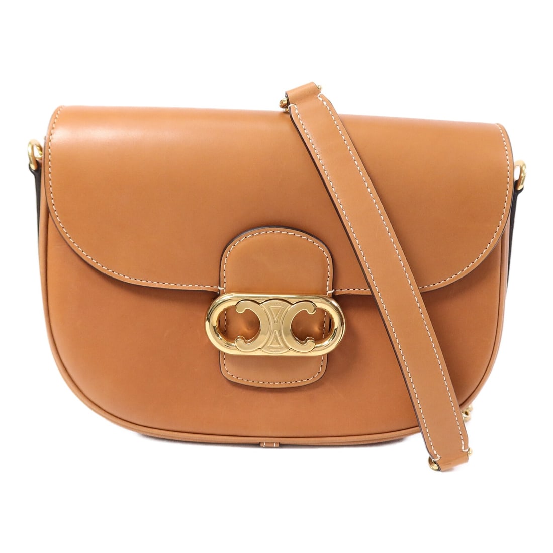CELINE Maillon Triomphe Brown Calfskin Shoulder Bag GHW: CELINE Maillon Triomphe Brown Calfskin Shoulder Bag GHW This CELINE Medium Chain Maillon Triomphe shoulder bag features a brown calfskin exterior and gold-tone hardware. Designed for women, it showcas