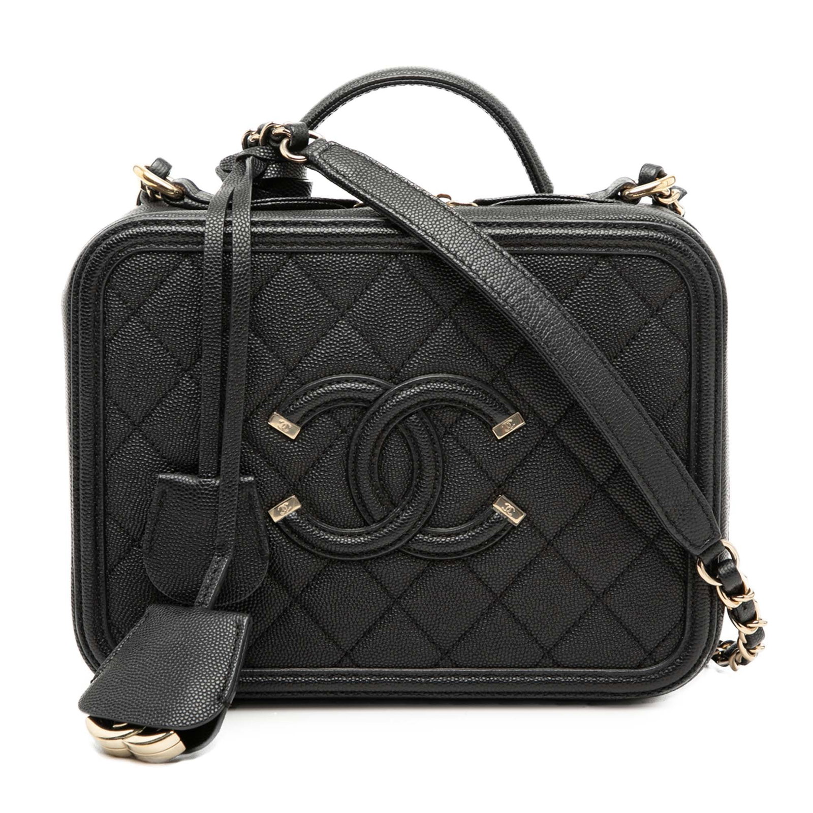Chanel Filigree Vanity Case Medium Caviar CC Black: Chanel Filigree Vanity Case Medium Caviar CC Black This Chanel Medium Caviar CC Filigree Vanity Case is crafted from quilted caviar leather in black, featuring a flat leather top handle and a leather-