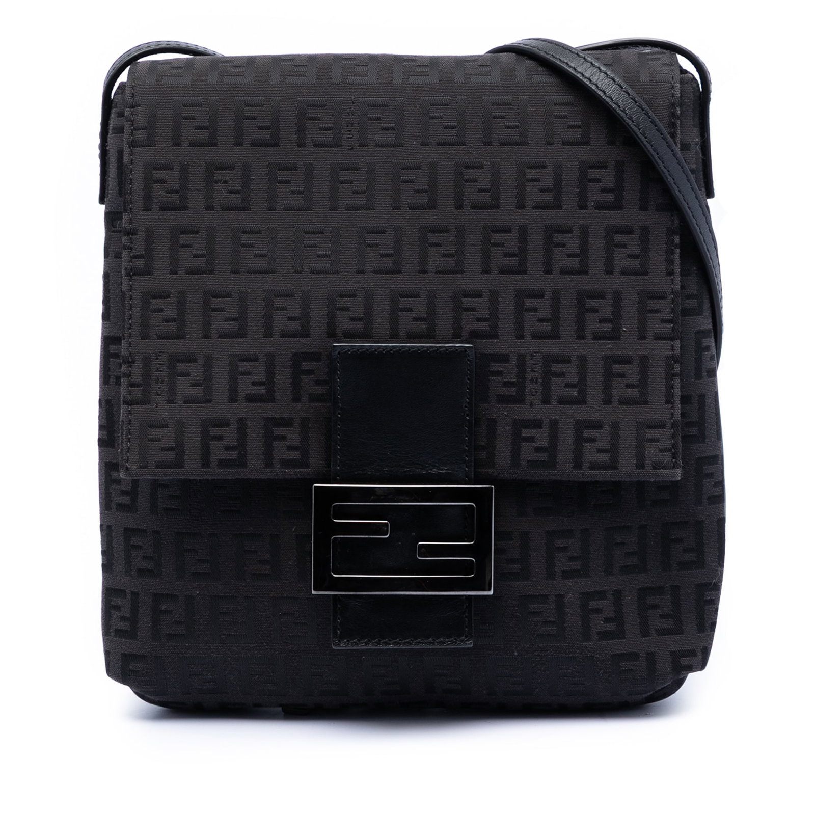 Fendi Zucchino Pattern Black Canvas Adjustable Crossbody Bag: Fendi Zucchino Pattern Black Canvas Adjustable Crossbody Bag The Fendi Zucchino Canvas Crossbody bag features a durable canvas body with an adjustable flat leather strap. It is designed with a front f