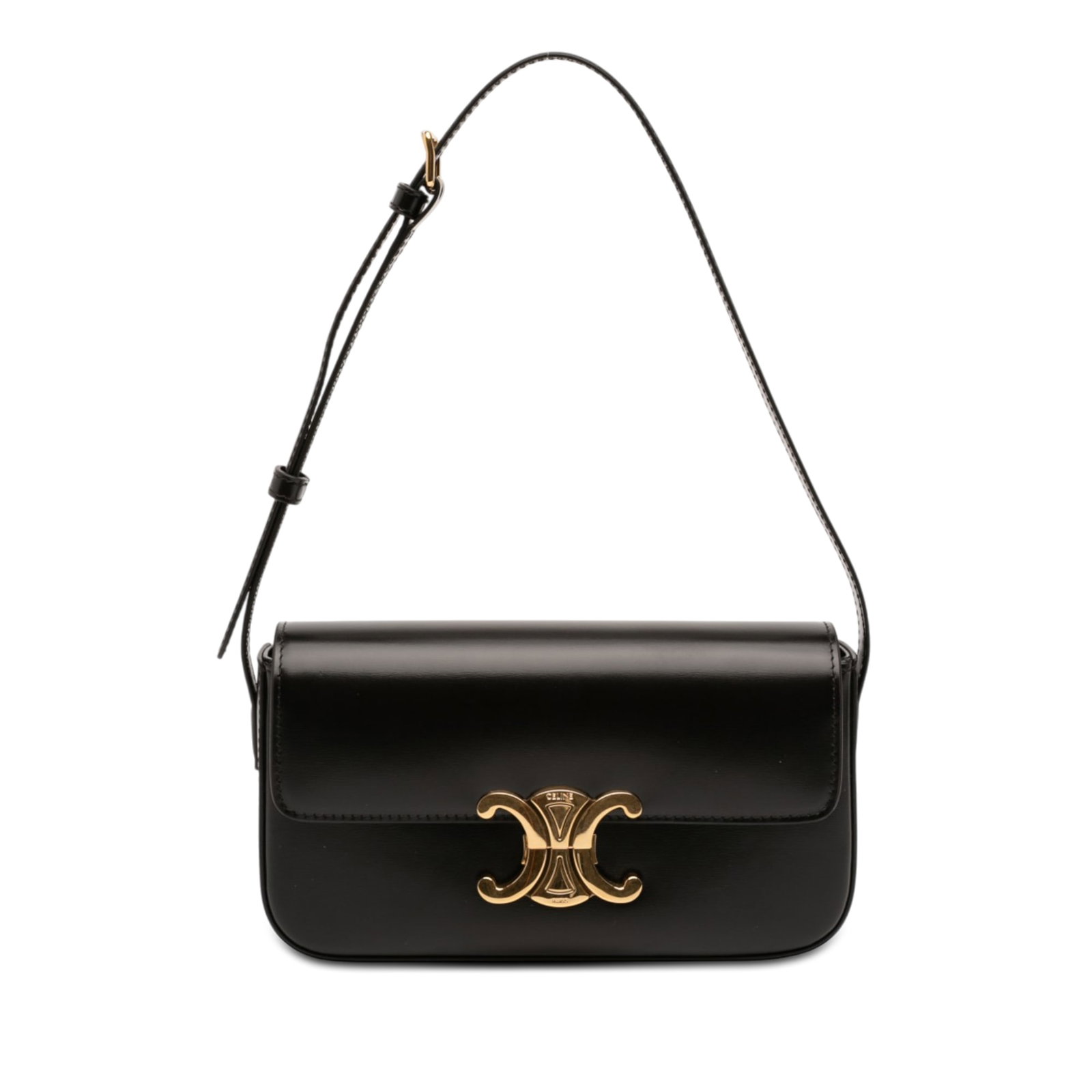 Black Leather Shoulder Bag Celine Triomphe Claude: Black Leather Shoulder Bag Celine Triomphe Claude Celine Claude shoulder bag crafted in shiny calf leather with a structured silhouette and signature front flap design. It features an adjustable flat 