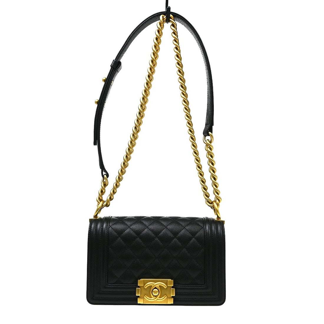 CHANEL Boy Chanel Mini Black Caviar Leather Shoulder Bag: CHANEL Boy Chanel Mini Black Caviar Leather Shoulder Bag Boy Chanel small chain shoulder bag in black caviar skin leather with a clasp flap closure, chain shoulder strap, fabric lining, and one interi
