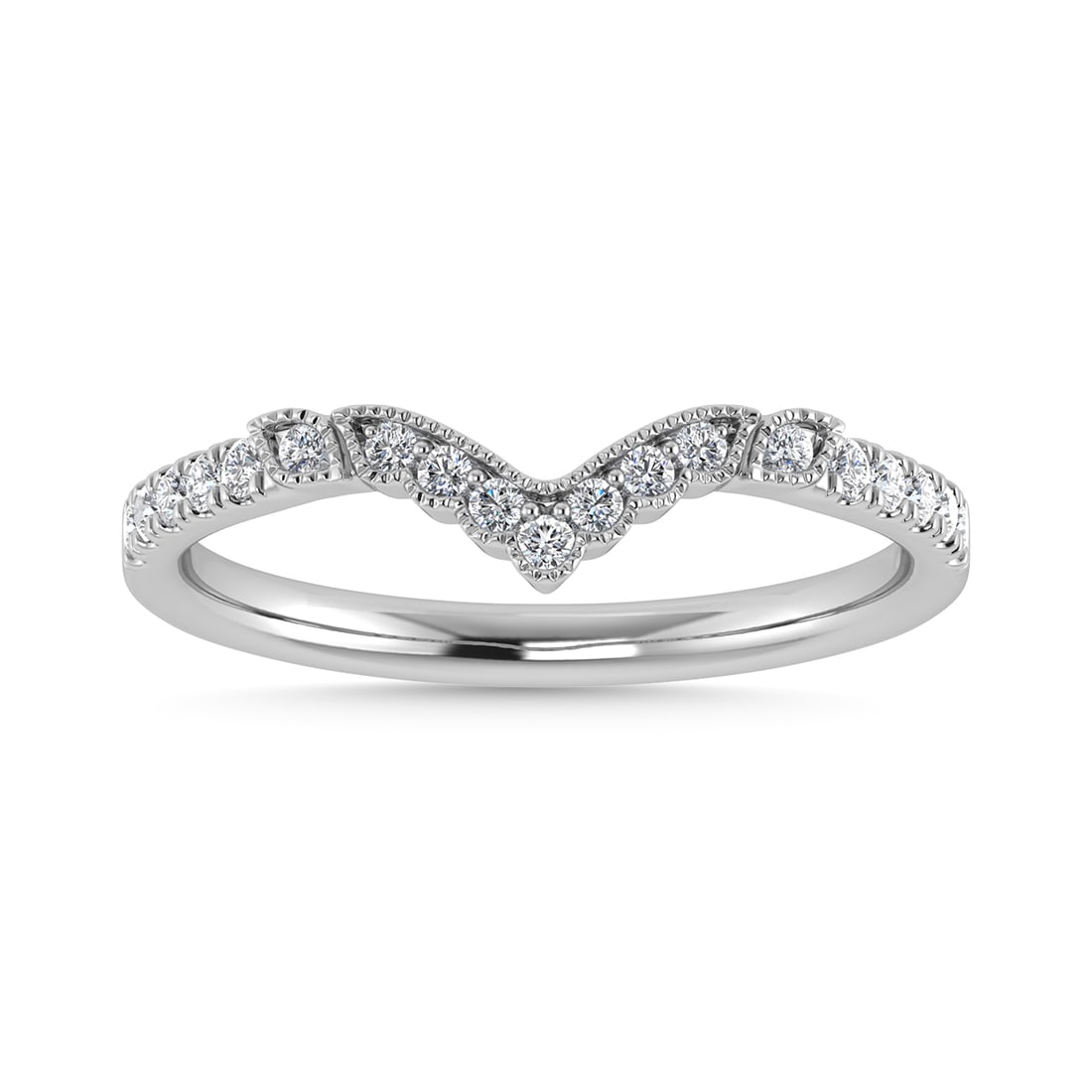 Diamond 1/5 Ct.Tw. Chevron Band in 14K White Gold: Diamond 1/5 Ct.Tw. Chevron Band in 14K White Gold 14k White Gold Stone Color: G-h Stone Clarity: Si2 Each ring is presented in standard size 6.5. Complimentary resizing is available between sizes 510 