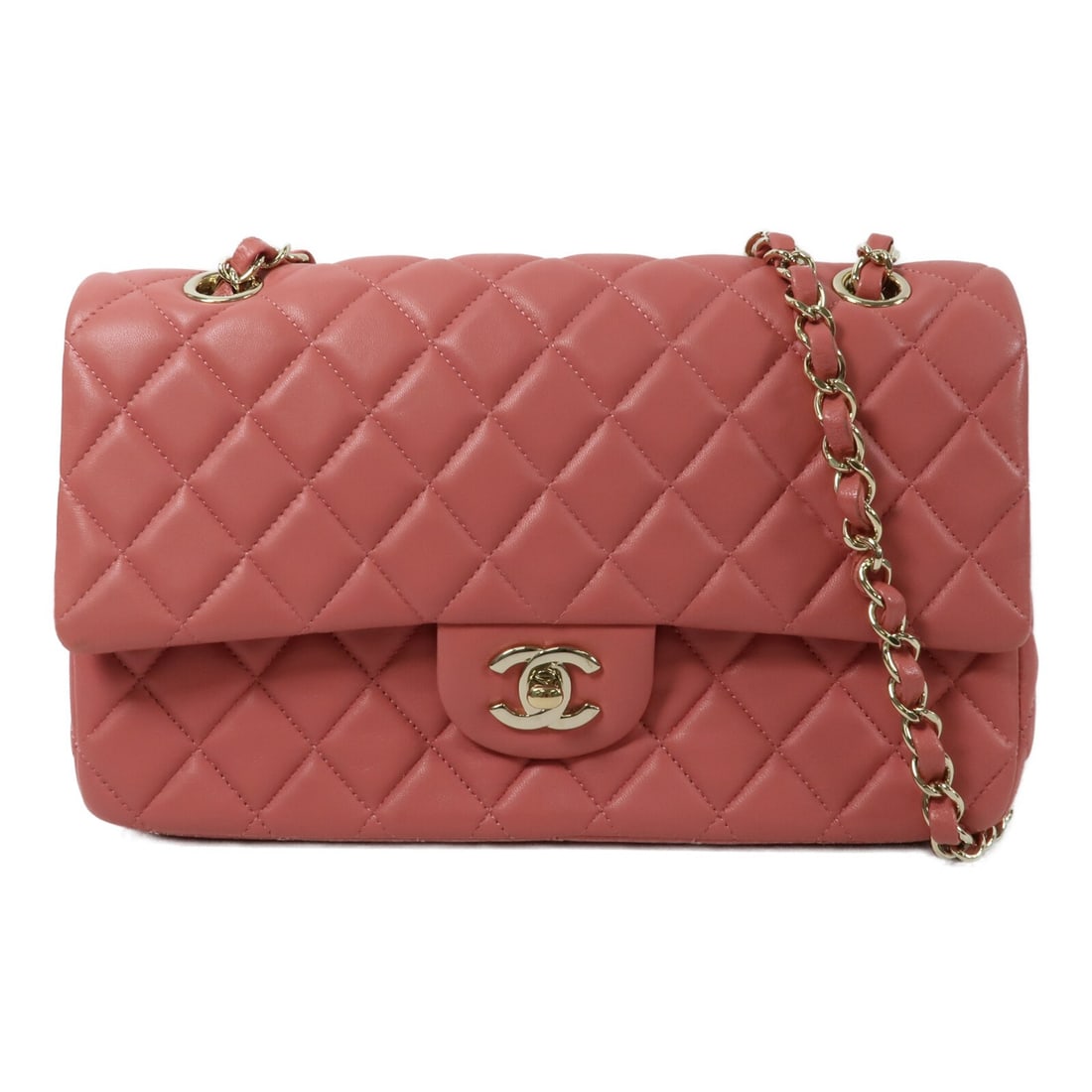 Pink Lambskin CHANEL A90214 Shoulder Bag with Gold Tone Chain: Pink Lambskin CHANEL A90214 Shoulder Bag with Gold Tone Chain This CHANEL CC chain shoulder bag is crafted from pink lambskin leather and features gold-tone hardware. Designed for women, it offers a c