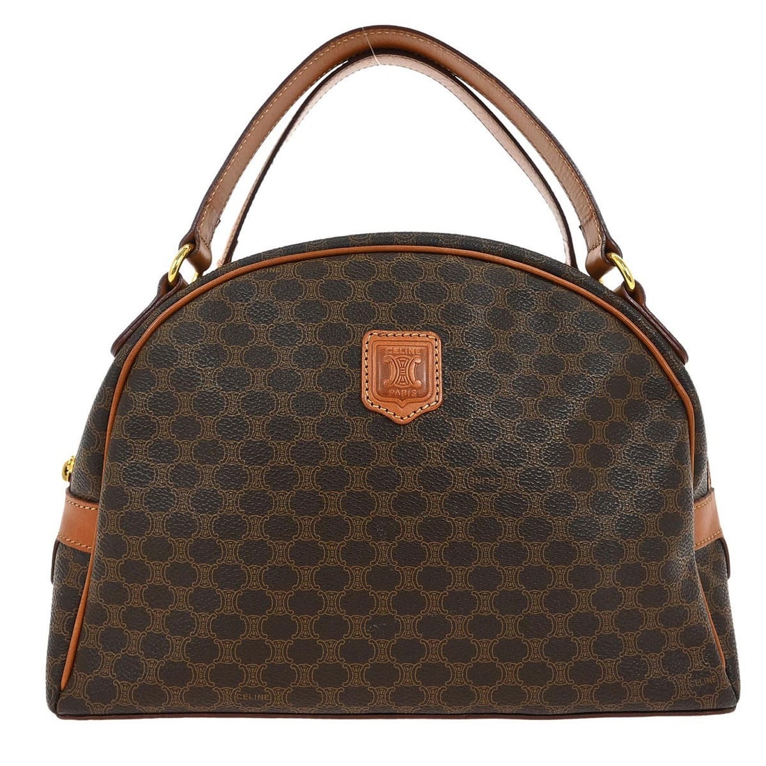 CELINE Macadam Top Handle Bag Brown PVC Leather Italy: CELINE Macadam Top Handle Bag Brown PVC Leather Italy Celine Macadam handbag in brown with a zip closure, double handles, and logo accents. This medium top handle bag is made in Italy from PVC and lea