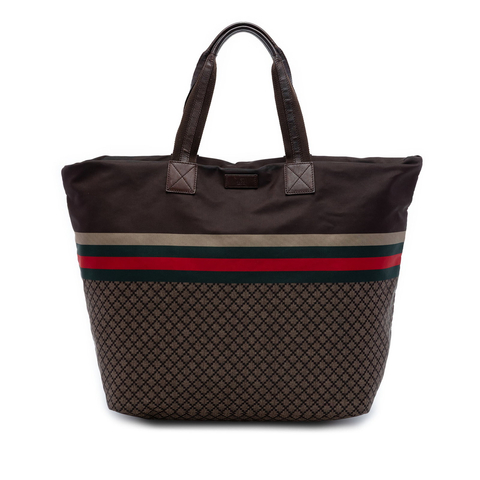 Gucci Diamante Nylon Web Brown Tote Bag: Gucci Diamante Nylon Web Brown Tote Bag This Gucci Diamante Nylon Web Tote is crafted from printed nylon in a brown hue and features flat handles, a top zip closure, and interior zip and slip pockets.
