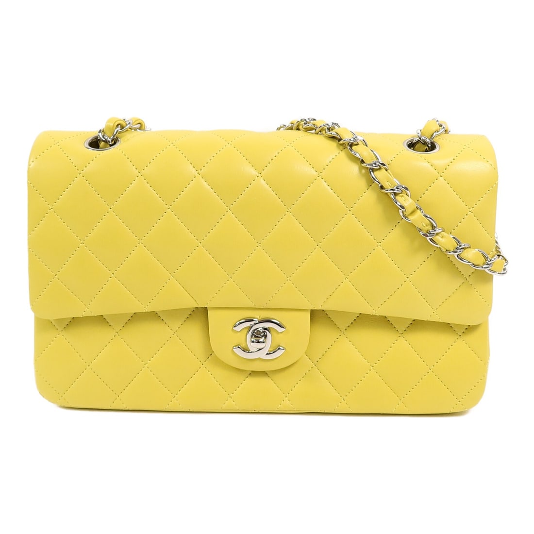 CHANEL Classic 25 Yellow Lambskin Shoulder Bag SHW: CHANEL Classic 25 Yellow Lambskin Shoulder Bag SHW This Chanel CC Classic 25 chain shoulder bag is crafted from yellow lambskin leather, offering a luxurious and timeless accessory. The bag features a