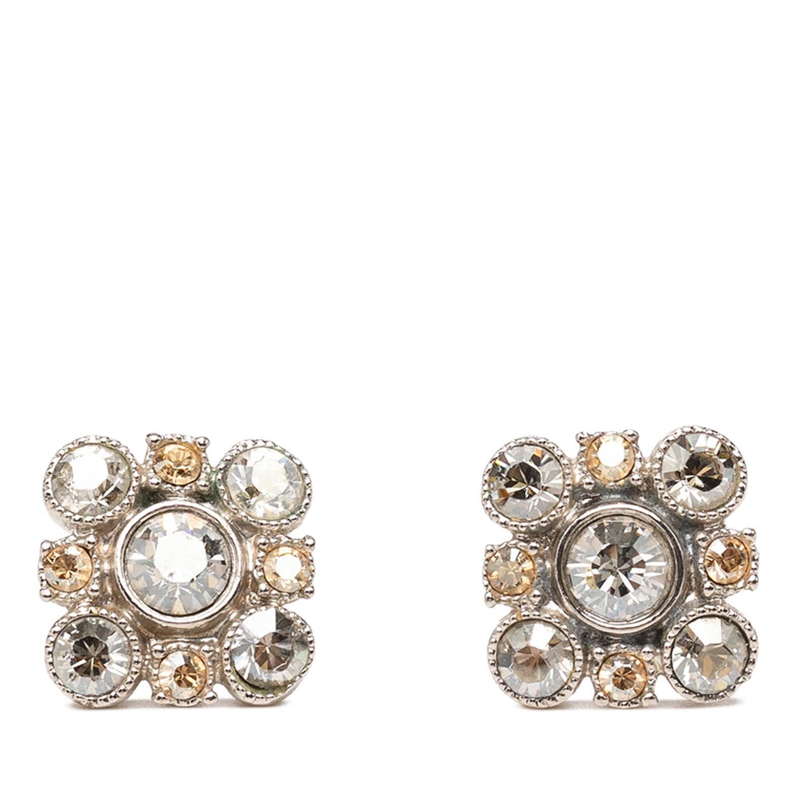 Chanel Floral Strass Brass Earrings with Push Back Closure: Chanel Floral Strass Brass Earrings with Push Back Closure Floral strass earrings with a brass body, crystal embellishments, and push back closures. Includes box. Condition is B+ with scratches noted 