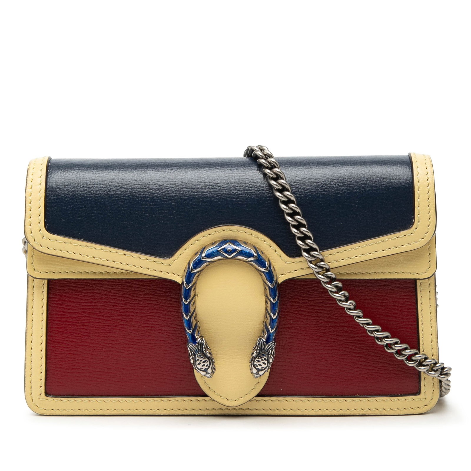 Gucci Dionysus mini tricolor leather crossbody bag: Gucci Dionysus mini tricolor leather crossbody bag This Gucci Mini Dionysus crossbody bag showcases a tricolor leather exterior, complemented by a chain link shoulder strap and a front flap with snap 