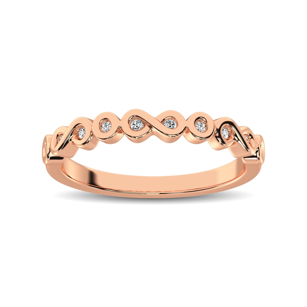 14K Rose Gold 1/10 Ct.tw Diamond Band: 14K Rose Gold 1/10 Ct.tw Diamond Band Crafted in cool 14K Rose gold, this mirrored design features a single diamond in a round bezel setting alternating with a diamond in a teardrop-shaped frame. Radi
