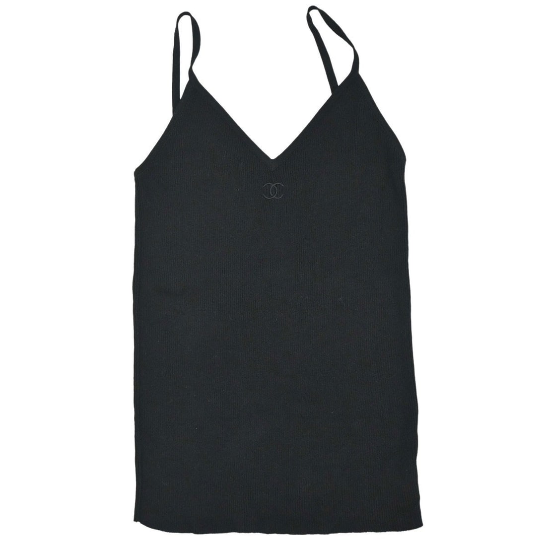 CHANEL 95P Black Cotton Camisole Tank Top FR 44: CHANEL 95P Black Cotton Camisole Tank Top FR 44 Vintage Chanel black camisole top in 100% cotton with a sleeveless design and regular fit. Made in France, this women's camisole is noted as being in gr