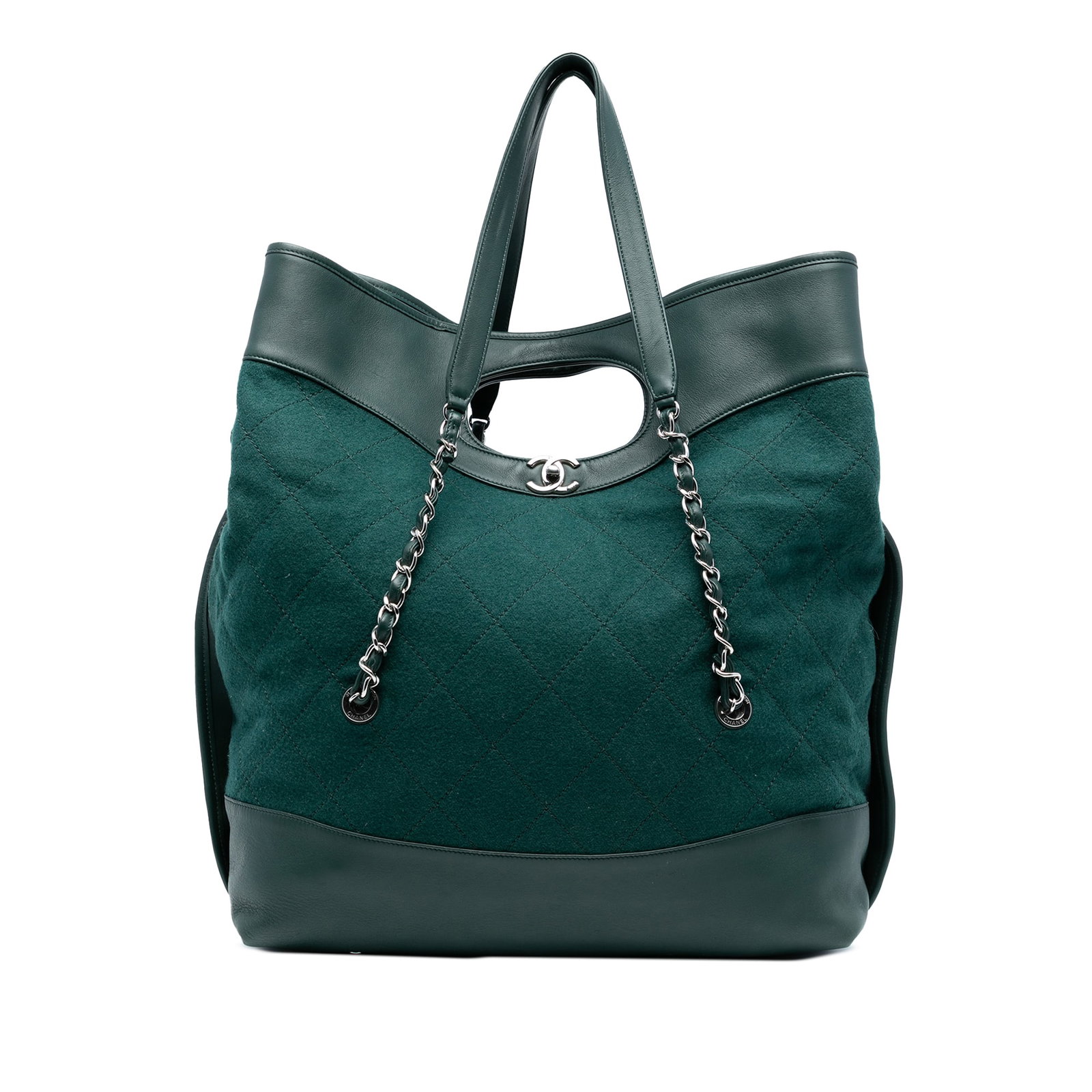 Chanel Extra Large Green Wool and Calfskin 31 Shopping Bag: Chanel Extra Large Green Wool and Calfskin 31 Shopping Bag The Chanel Extra Large Stitched Wool and Calfskin 31 Shopping Bag is a stunning accessory crafted from a luxurious quilted leather body with 