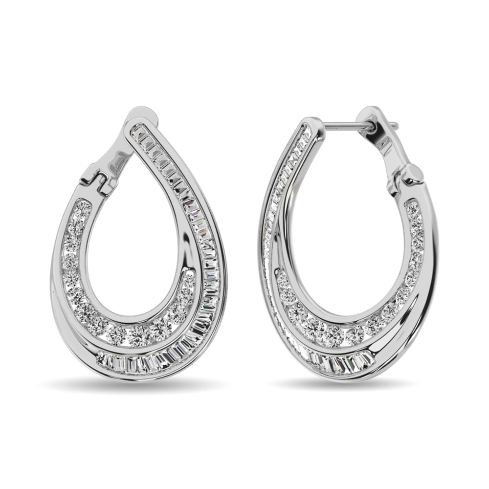 Diamond 1 Ct.Tw. Round and Baguette Hoop Earrings in 14K White Gold: Diamond 1 Ct.Tw. Round and Baguette Hoop Earrings in 14K White Gold 14k White Gold Stone Color: G-h Stone Clarity: Si2 This item may take 2-5 weeks for shipping. PLEASE NOTE: Framed, Large, or heavy i