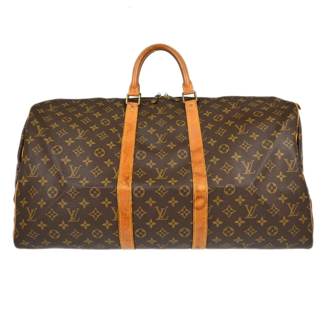 Louis Vuitton Keepall unisex brown canvas travel bag: Louis Vuitton Keepall unisex brown canvas travel bag Louis Vuitton Keepall in brown monogram canvas. This unisex bag is made in France and is presented in fair condition with visible wear throughout. 
