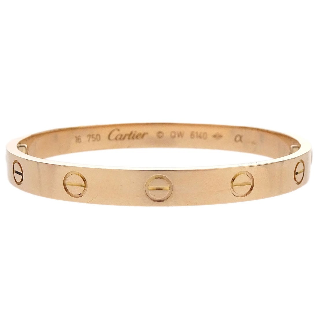 Cartier Love Rose Gold Au750 Bangle Bracelet Size 16 QW6140: Cartier Love Rose Gold Au750 Bangle Bracelet Size 16 QW6140 Cartier Love bracelet bangle in rose gold with a classic no-stone design. This bracelet is crafted in Au750 and includes a screwdriver. Mark